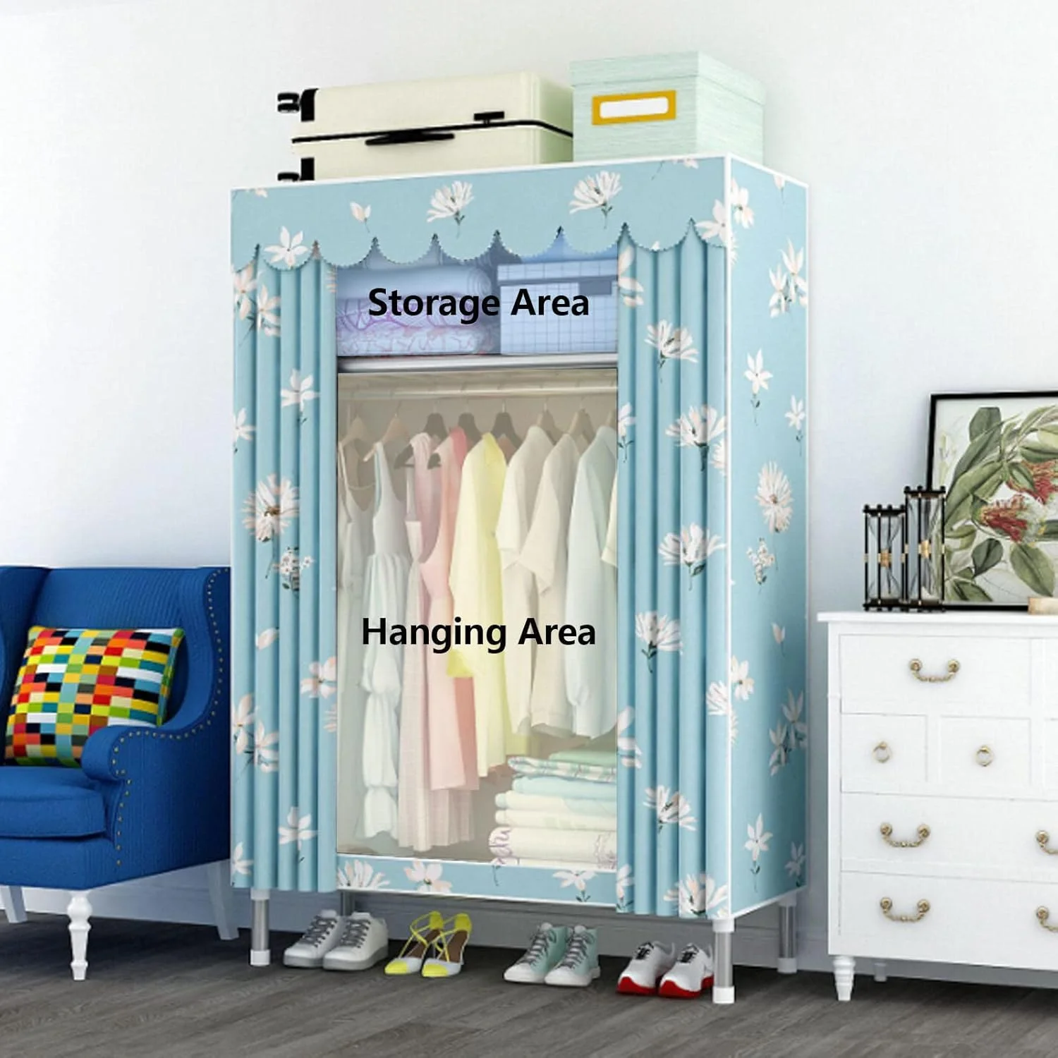 کمد لباس، کمد لباس قابل حمل برزنتی با ریل آویز، قفسه، کمد لباس پارچه ای، سازمان دهنده کمد لباس برای اتاق خواب، A-85x45x175cm