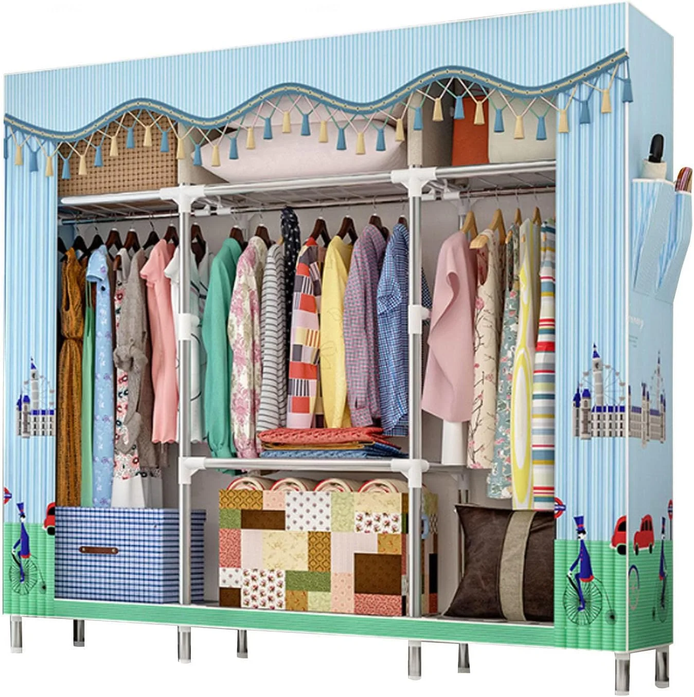 کمد لباس پارچه ای قابل حمل، کمد لباس تاشو برای اتاق خواب، کمد پارچه ای با میله آویز، C-148x46x172cm