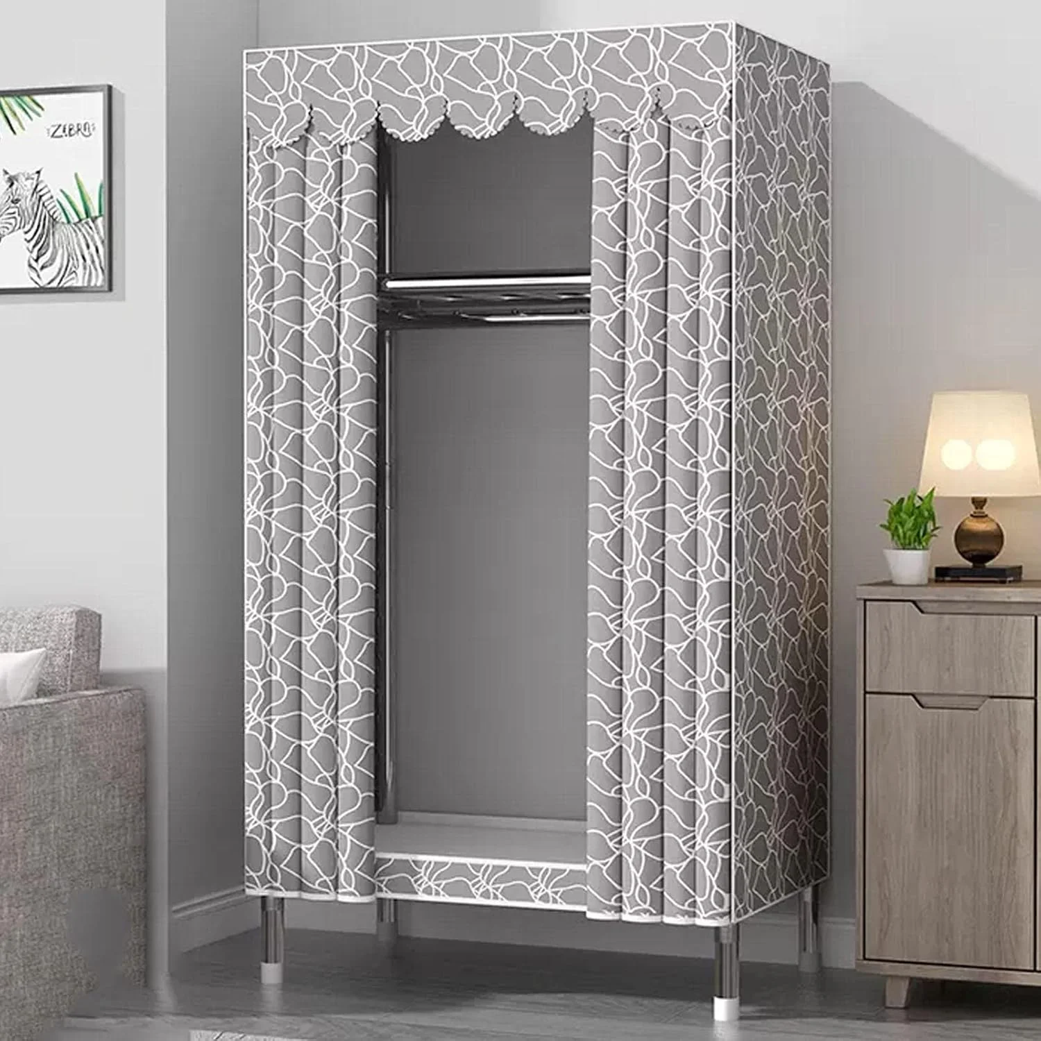 کمد لباس قابل حمل برزنتی، کمد لباس تکی، سازمان دهنده ذخیره سازی کمد پارچه ای با ریل آویز، قفسه ها، روکش پارچه ای، B-85x45x170cm