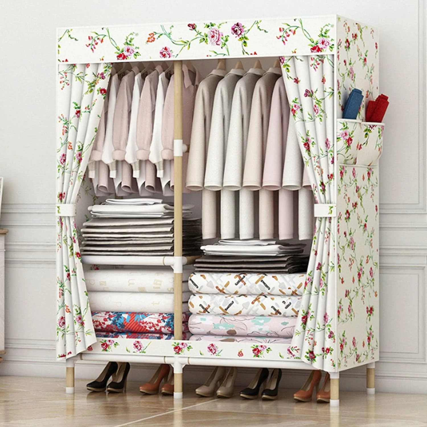کمد لباس پارچه ای قابل حمل، قفسه های کمد لباس، سازمان دهنده کمد لباس تاشو با ریل آویز، برای اتاق خواب، اتاق نشیمن، B-100x45x155cm