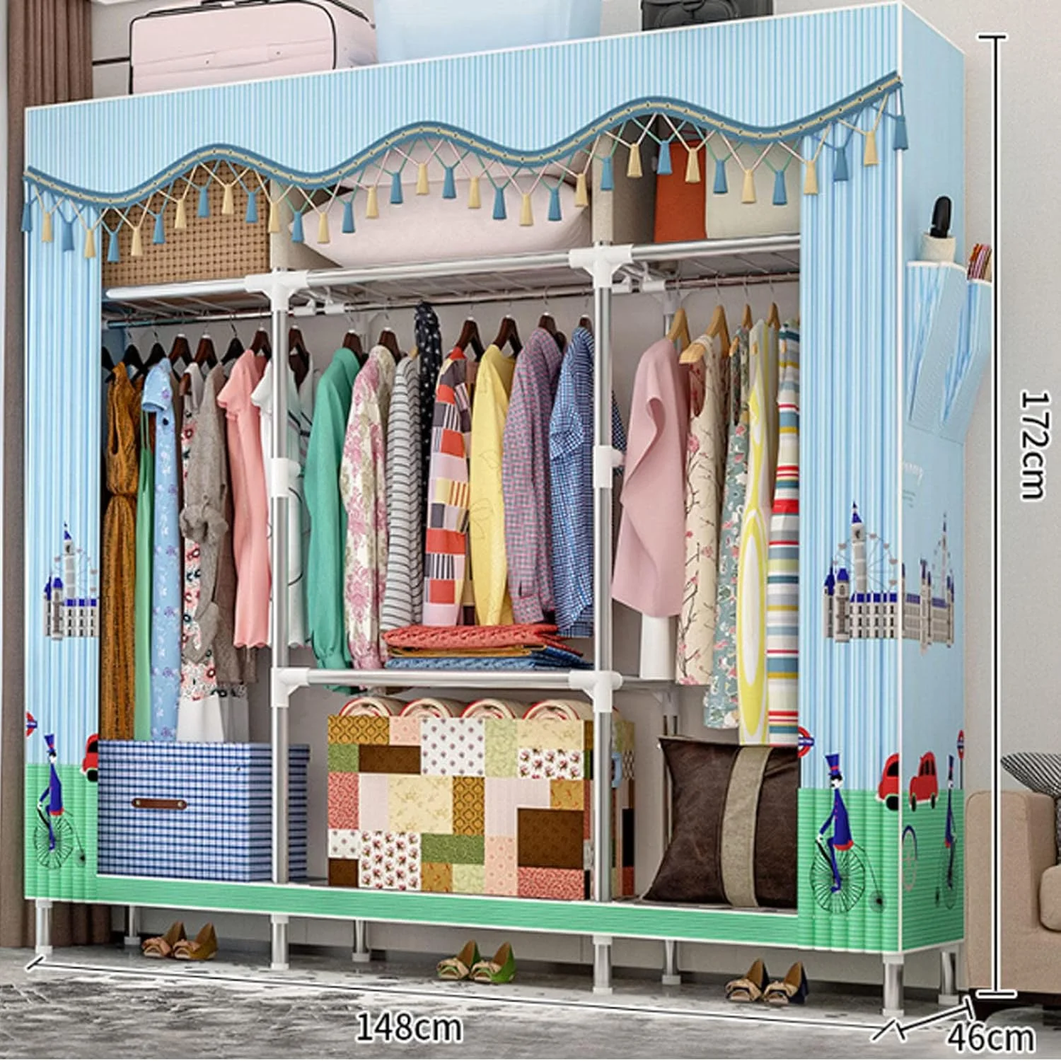 کمد لباس پارچه ای قابل حمل، کمد لباس تاشو برای اتاق خواب، کمد پارچه ای با میله آویز، C-148x46x172cm