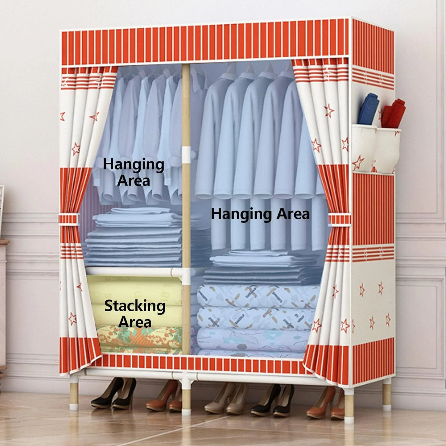 کمد لباس پارچه ای قابل حمل، قفسه های کمد لباس، سازمان دهنده کمد لباس تاشو با ریل آویز، برای اتاق خواب، اتاق نشیمن، B-100x45x155cm