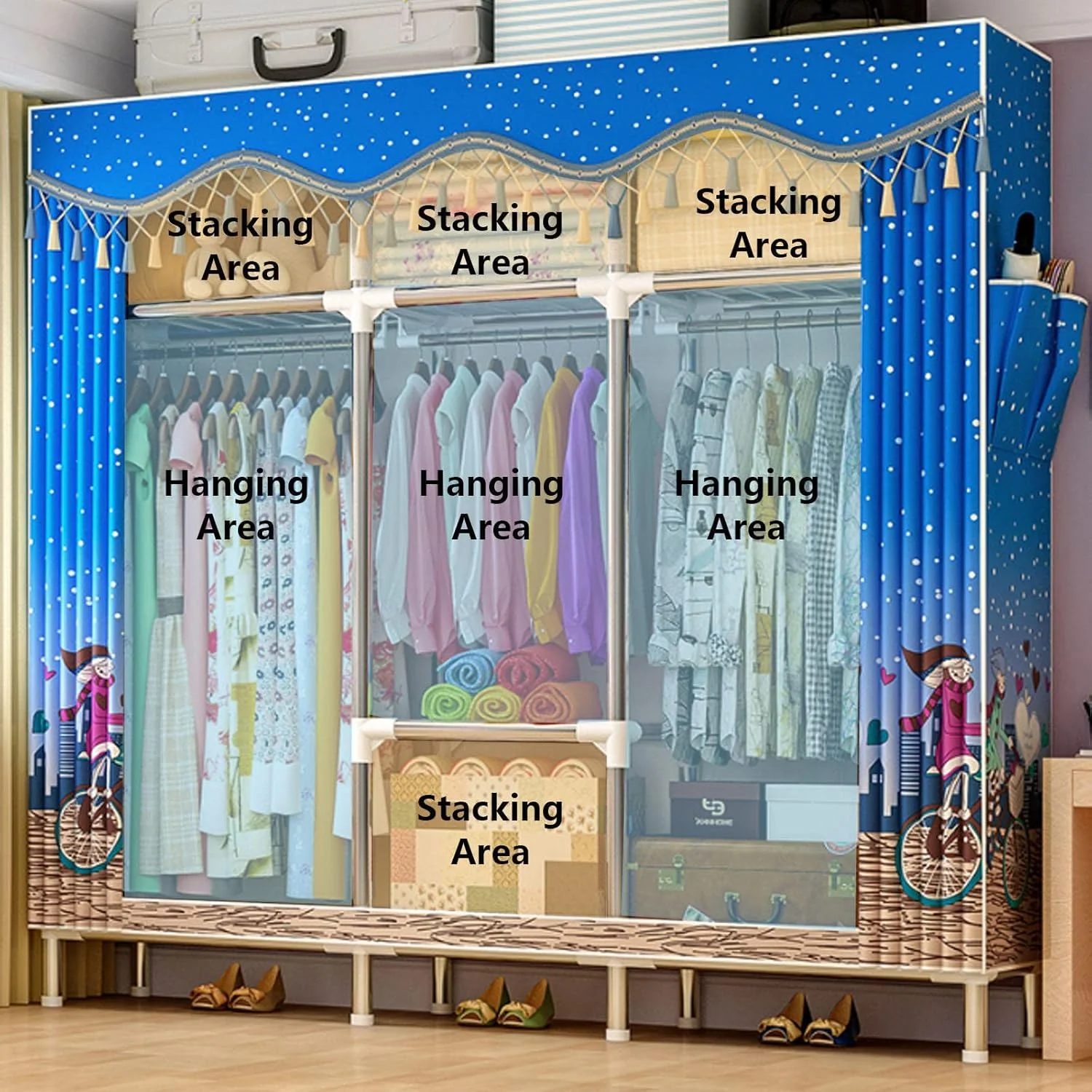 کمد لباس پارچه ای قابل حمل، کمد لباس تاشو برای اتاق خواب، کمد پارچه ای با میله آویز، C-148x46x172cm