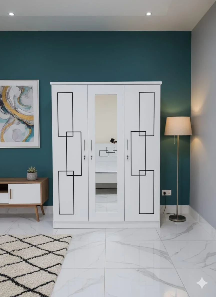 کمد لباس 3 درب با آینه، طراحی مدرن، سفید، خطوط مشکی، دارای قفسه های داخلی و میله آویز لباس، ام دی اف مرغوب، ابعاد 150 * 200 * 50 سانتی متر