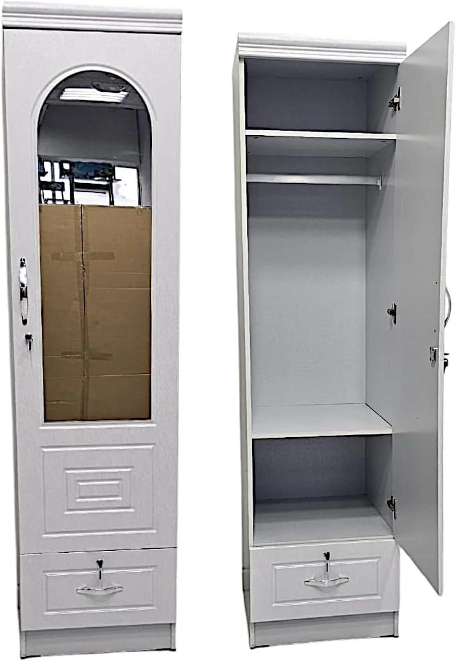 بهترین کمد لباس چوبی تک درب MH-8811-سفید، کابینت با درب، آینه و کلید قفل کشو، چوب مهندسی شده، مدرن شیک، بادوام، رنگ سفید