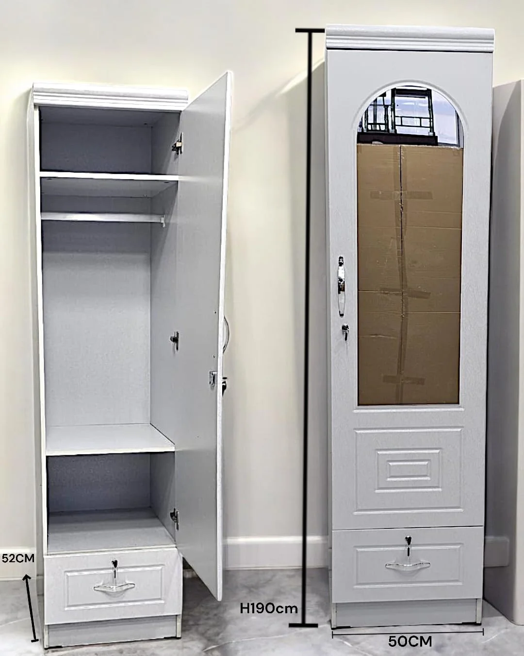 بهترین کمد لباس چوبی تک درب MH-8811-سفید، کابینت با درب، آینه و کلید قفل کشو، چوب مهندسی شده، مدرن شیک، بادوام، رنگ سفید