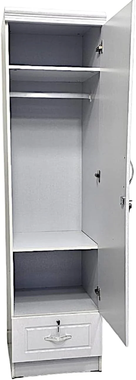 بهترین کمد لباس چوبی تک درب MH-8811-سفید، کابینت با درب، آینه و کلید قفل کشو، چوب مهندسی شده، مدرن شیک، بادوام، رنگ سفید