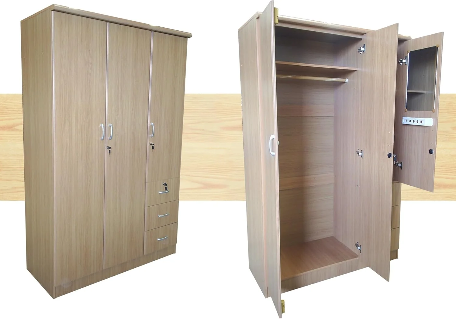 کمد لباس چوبی 3 درب MAF، مدل MAF-633، کابینت و کمدهای ساخته شده از چوب مهندسی شده با 3 کشو، طراحی مدرن و شیک، مقاوم و بادوام