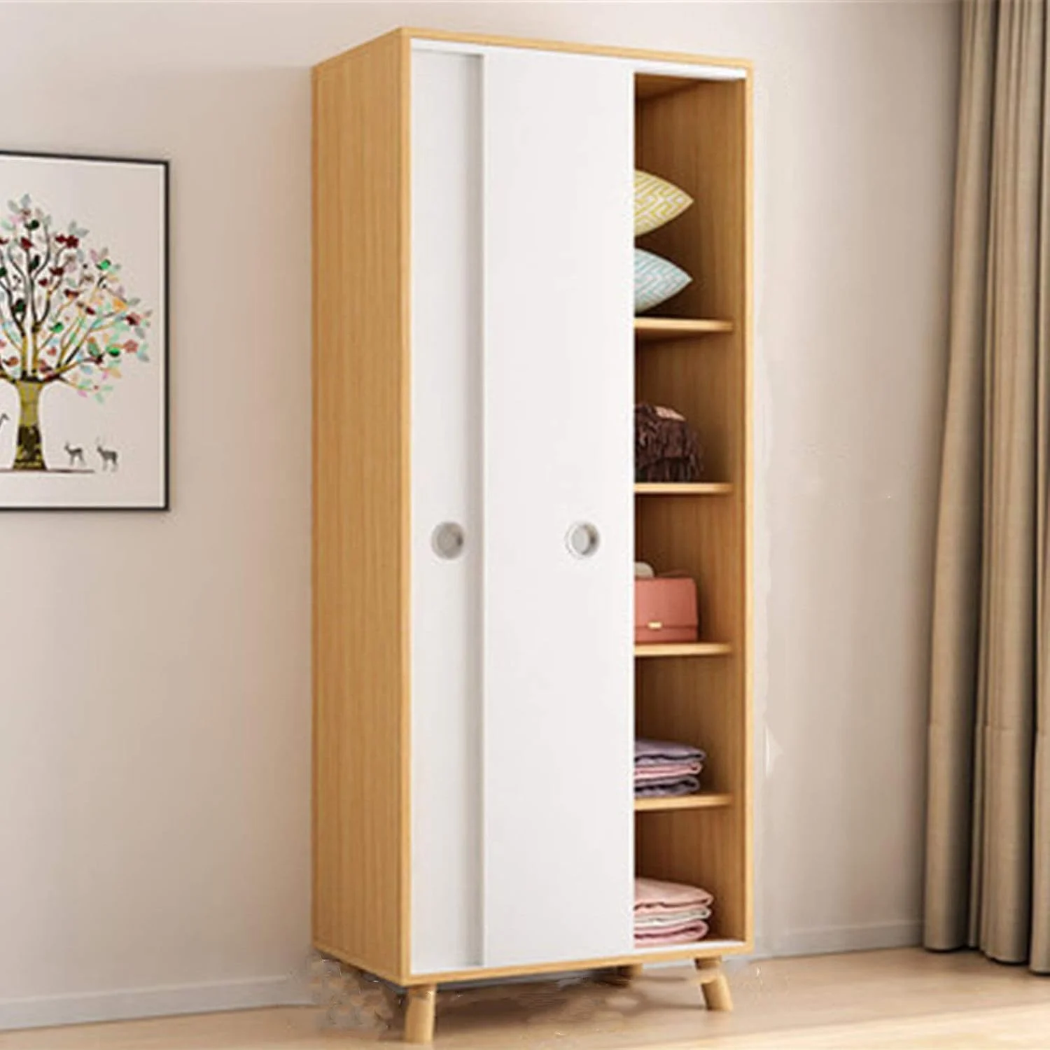 کمد لباس XRTLYH، کمد لباس خانگی اقتصادی آپارتمان کوچک، کمد لباس نوردیک، کمد لباس ساده با درب کشویی، مونتاژ پنل، کمد کودک، کمد لباس چوبی (رنگ: طبیعی، اندازه: 90x50x100 سانتی متر)