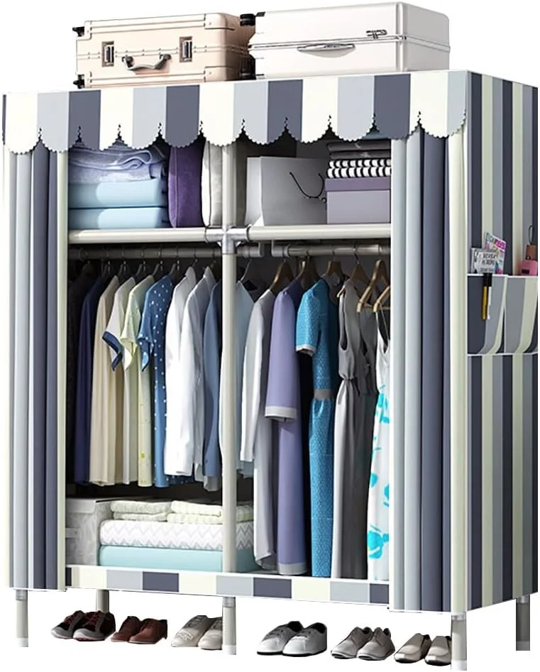 کمد لباس پارچه ای باز تمکین با میله آویز و قفسه، کمد لباس بوم با بست، کمد لباس پارچه ای، کمد لباس تاشو، برای اتاق خواب، اتاق پرو