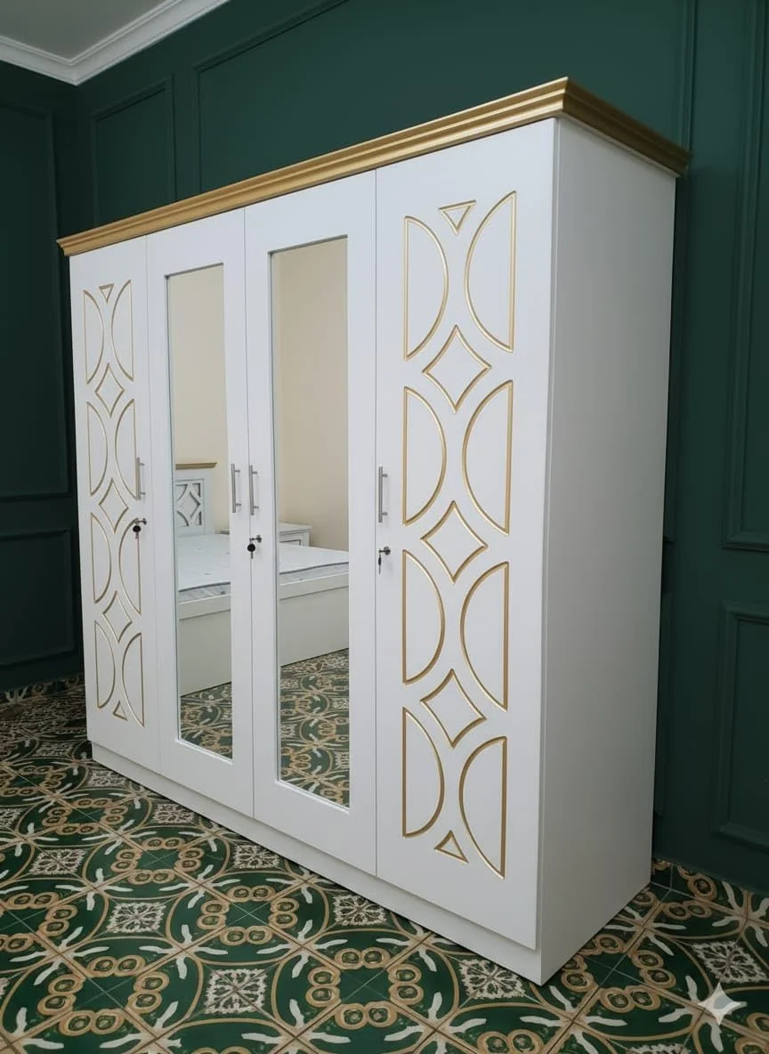 کمد لباس 4 درب با آینه، طرح هندسی سفید و طلایی، دارای 2 کشو، سایز-ارتفاع 200/طول 200/عمق 50، چوب MDF محلی 18 میلی متر