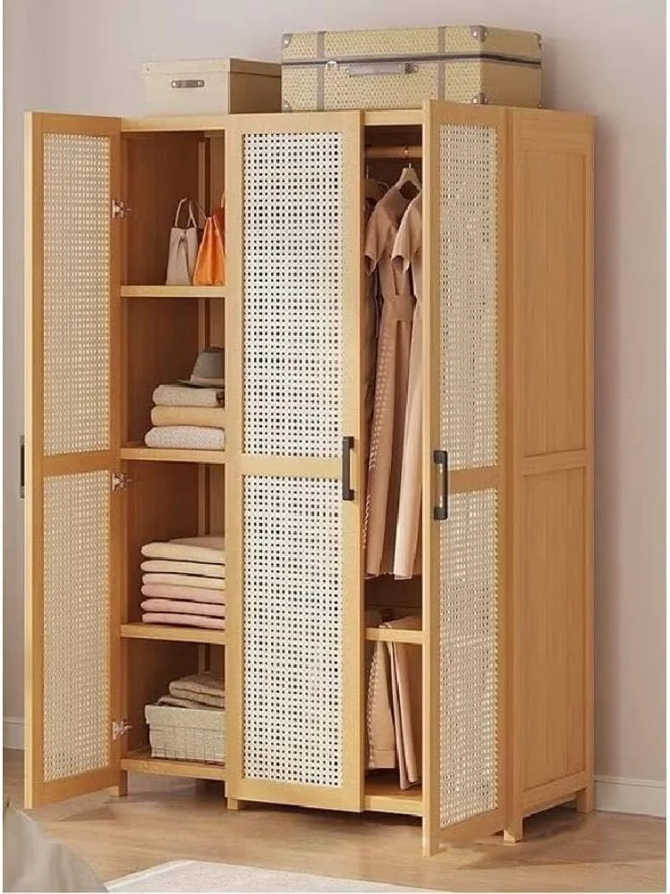 کمد لباس چوبی سه درب با پنل حصیری، دارای میله آویز و قفسه، ابعاد 160ccm در 90cm در 42cm