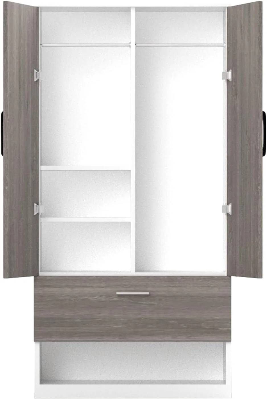 کمد لباس چوبی با 1 درب، جاکفشی باز، میله آویز و 2 محفظه، کابینت کمد چوبی برای اتاق خواب، اتاق نشیمن - بلوط قهوه ای خاکستری Whteriver و سفید درجه یک