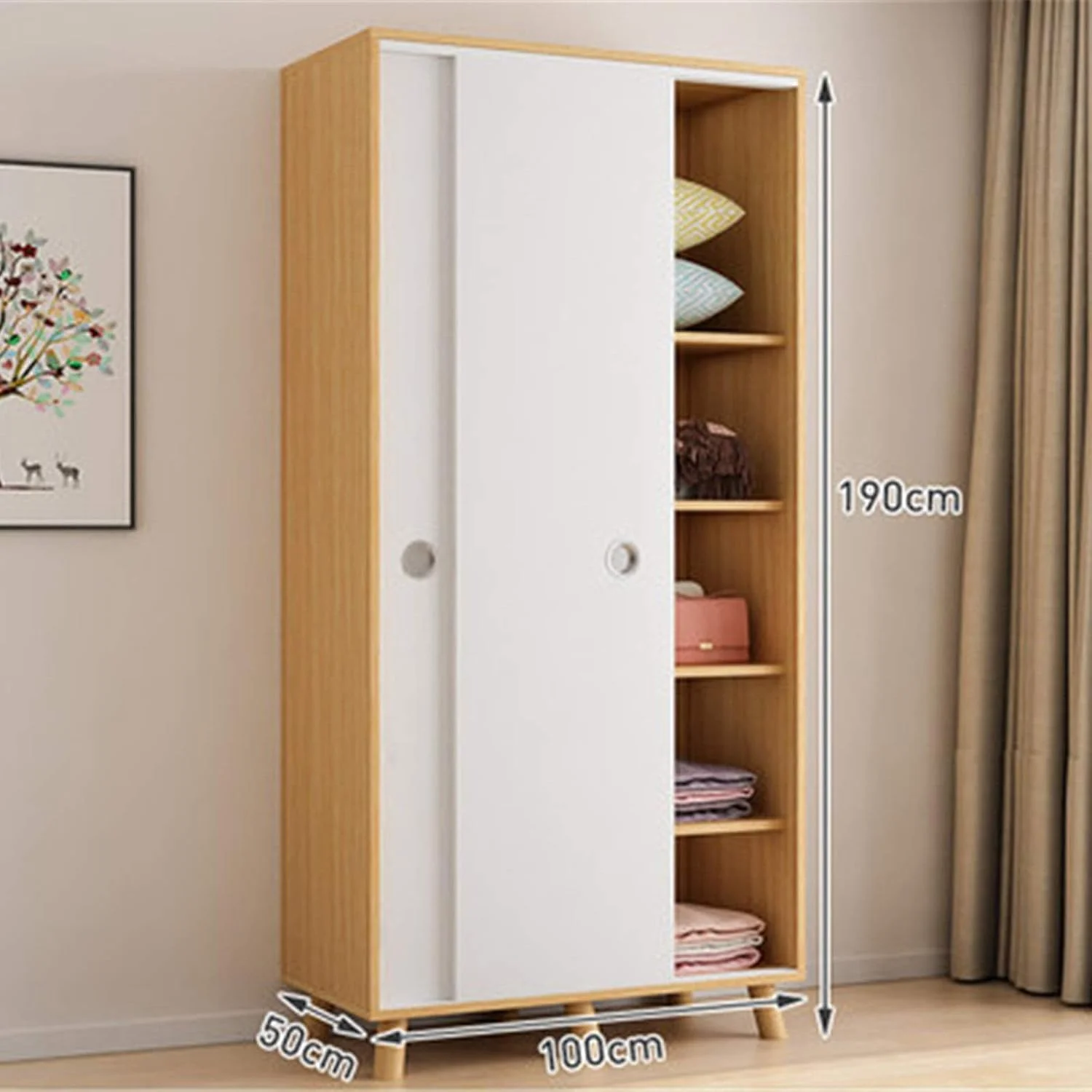کمد لباس XRTLYH، کمد لباس خانگی اقتصادی آپارتمان کوچک، کمد لباس نوردیک، کمد لباس ساده با درب کشویی، مونتاژ پنل، کمد کودک، کمد لباس چوبی (رنگ: طبیعی، اندازه: 90x50x100 سانتی متر)