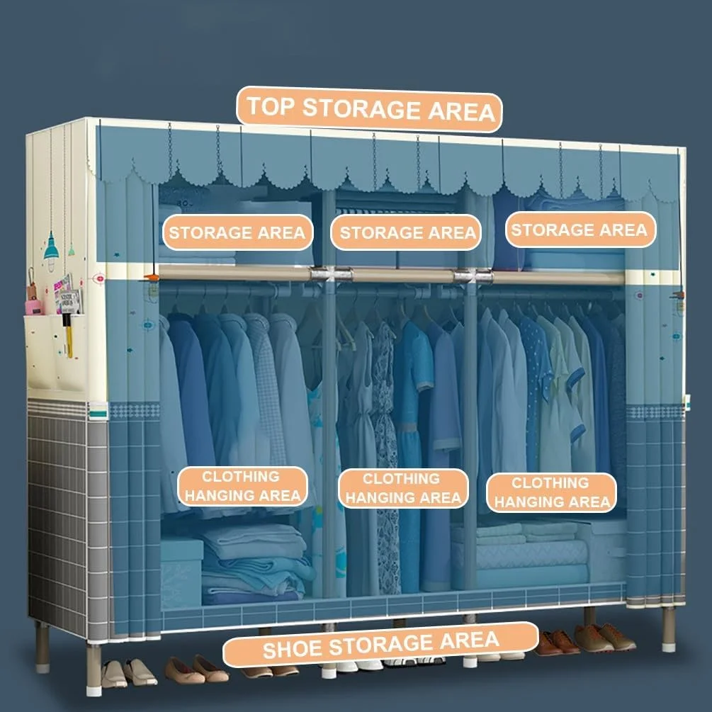 کمد لباس پارچه ای باز تمکین با میله آویز و قفسه، کمد لباس بوم با بست، کمد لباس پارچه ای، کمد لباس تاشو، برای اتاق خواب، اتاق پرو