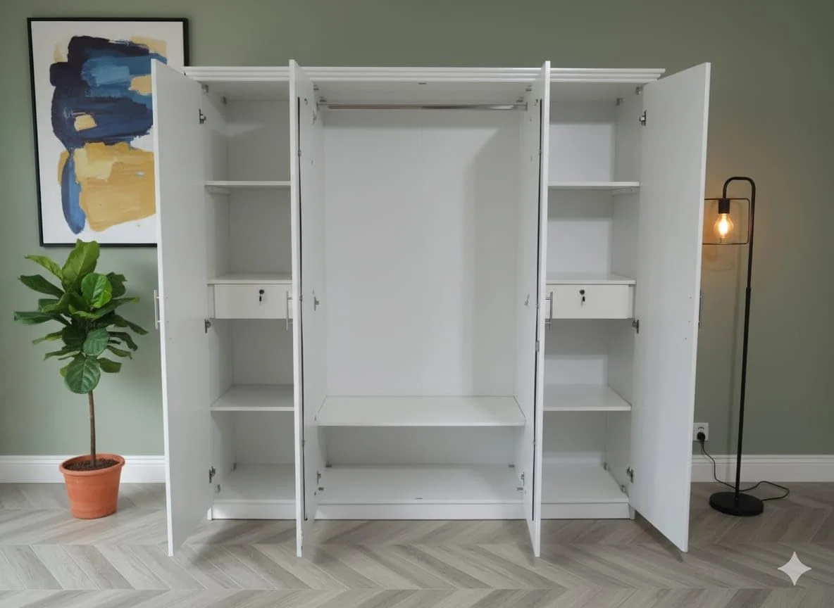 کمد لباس 4 درب با آینه، طرح هندسی سفید و طلایی، دارای 2 کشو، سایز-ارتفاع 200/طول 200/عمق 50، چوب MDF محلی 18 میلی متر