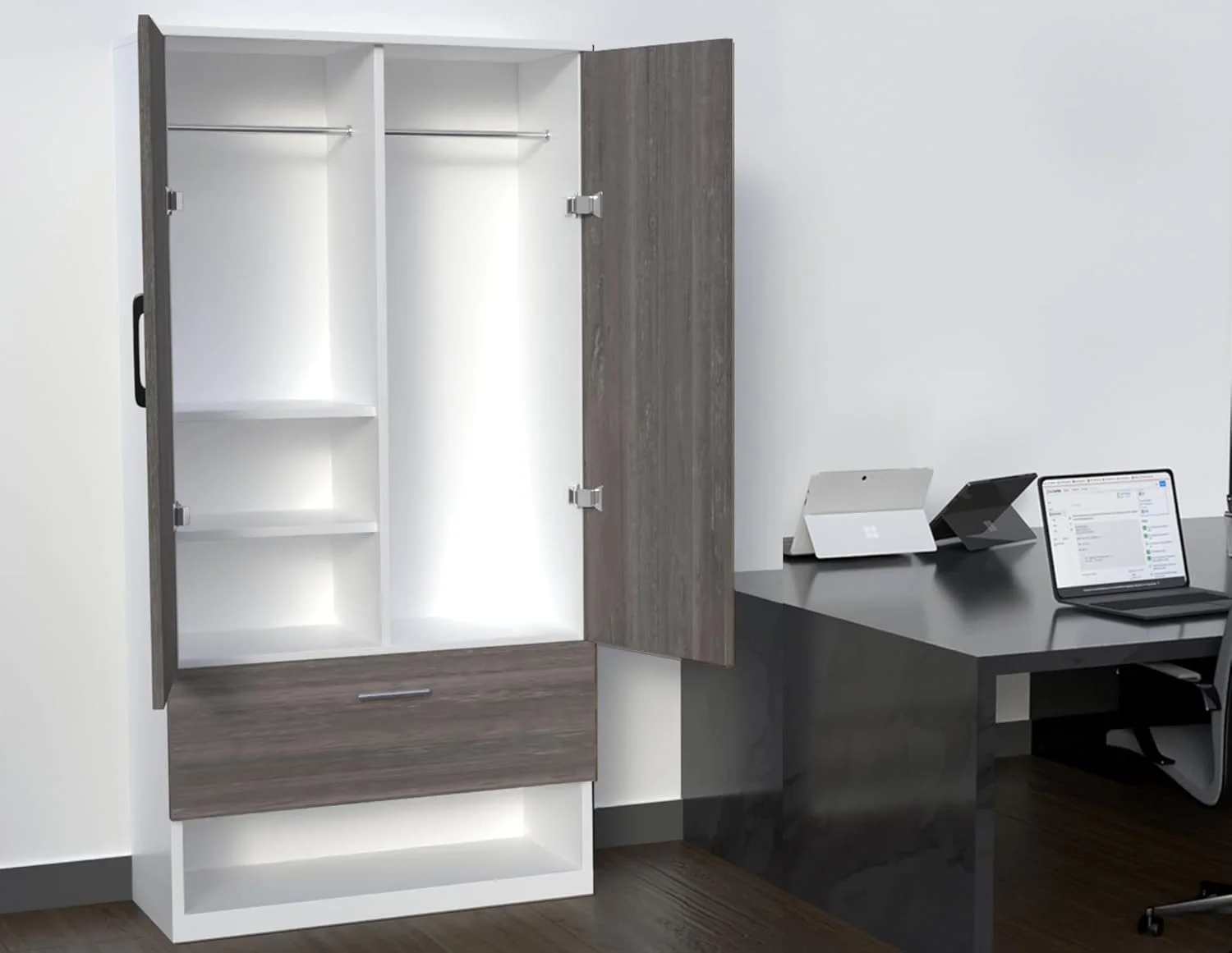 کمد لباس چوبی با 1 درب، جاکفشی باز، میله آویز و 2 محفظه، کابینت کمد چوبی برای اتاق خواب، اتاق نشیمن - بلوط قهوه ای خاکستری Whteriver و سفید درجه یک