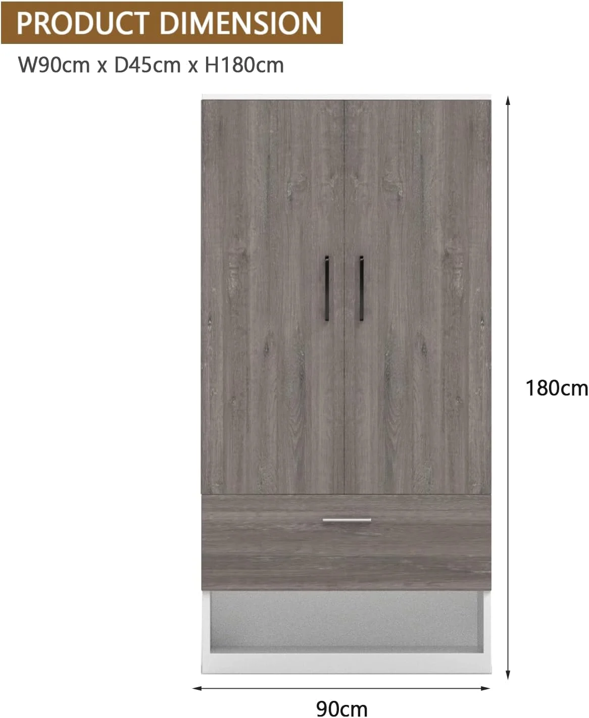 کمد لباس چوبی با 1 درب، جاکفشی باز، میله آویز و 2 محفظه، کابینت کمد چوبی برای اتاق خواب، اتاق نشیمن - بلوط قهوه ای خاکستری Whteriver و سفید درجه یک