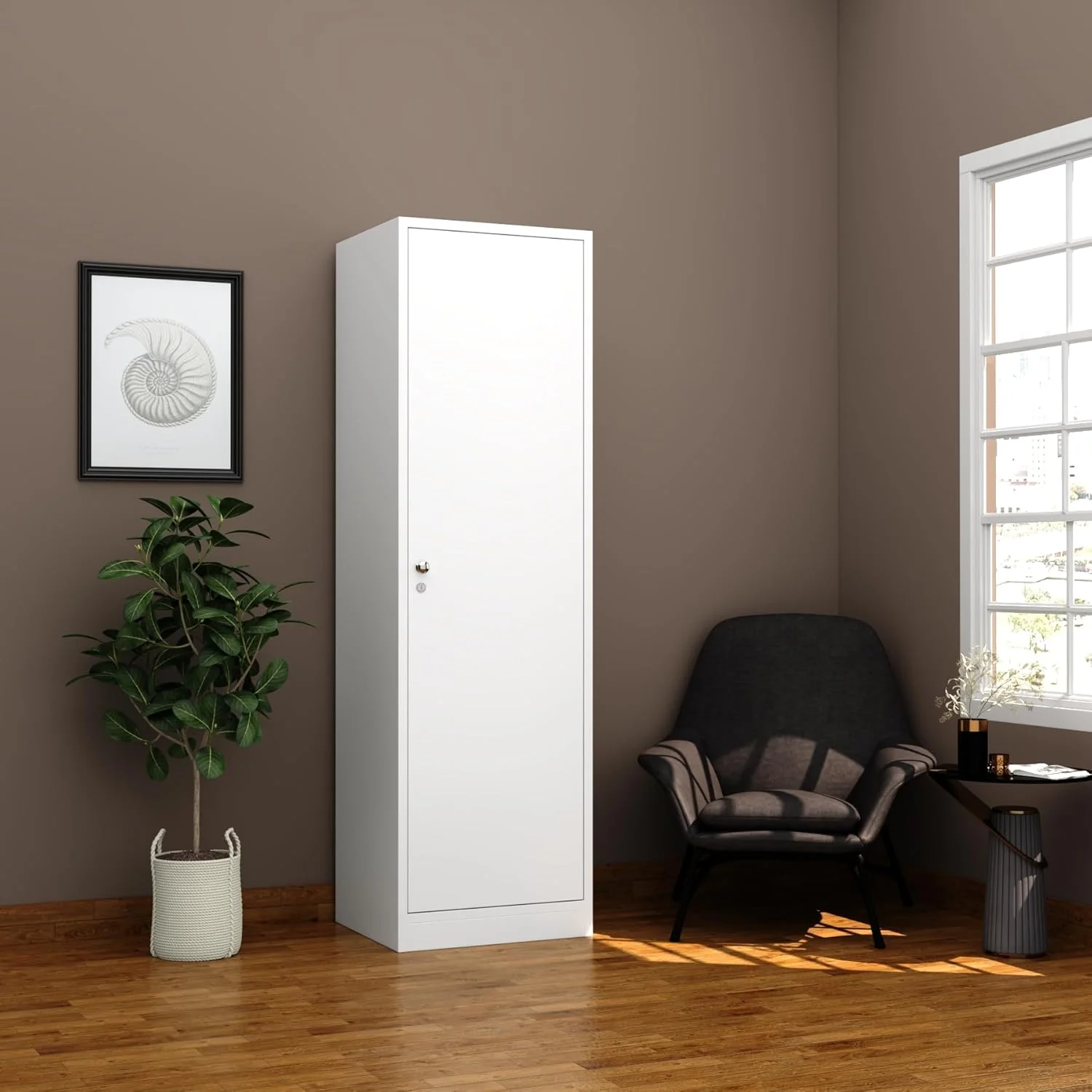 کمد لباس چوبی RIGID | کمد تک درب با 2 طبقه ثابت و 3 محفظه | کابینت ذخیره سازی با لوله آویز | کمد لباس کوچک، از پیش مونتاژ شده (186x49.5x55 سانتی متر) سفید