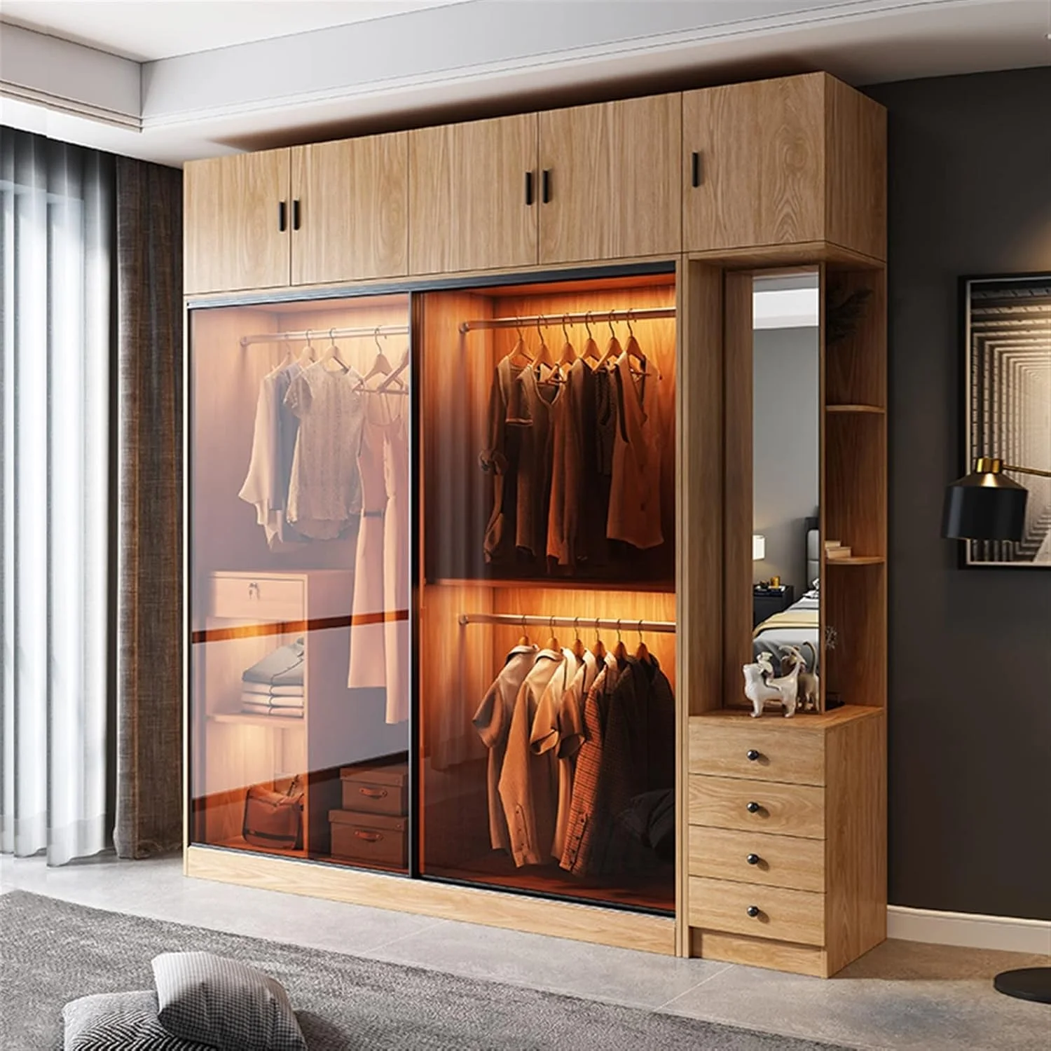 کمد لباس ZKSKOX با درب کشویی، مناسب اتاق خواب، کمد شیشه ای سکوریت، کمد درب کشویی مدرن و ساده، اقتصادی