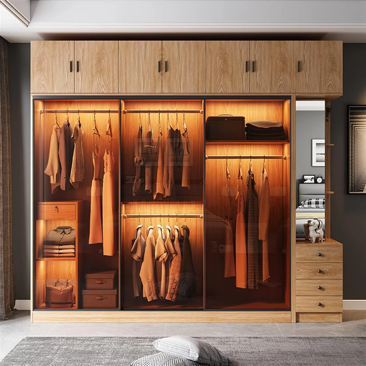 کمد لباس ZKSKOX با درب کشویی، مناسب اتاق خواب، کمد شیشه ای سکوریت، کمد درب کشویی مدرن و ساده، اقتصادی