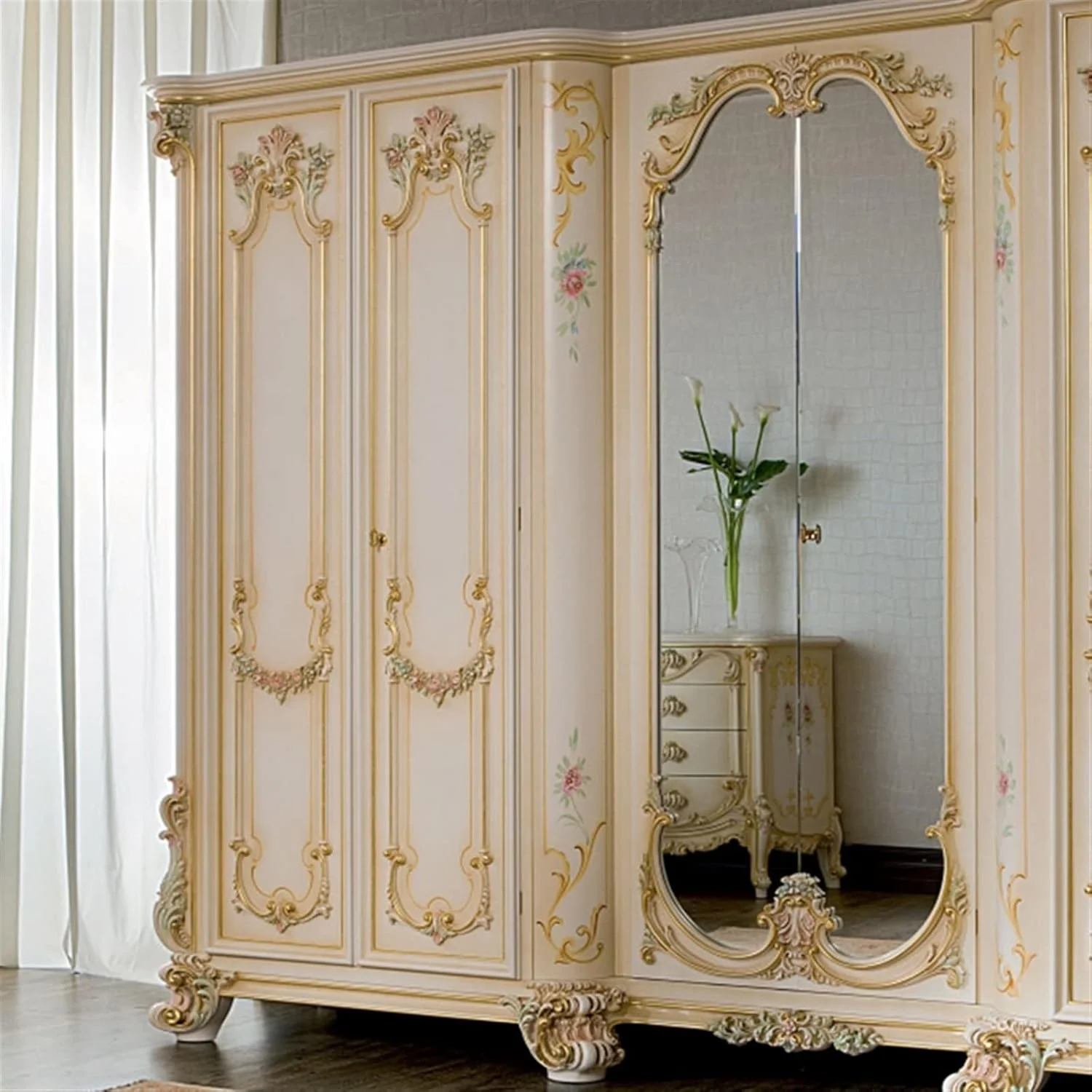 کمد لباس ZKSKOX چوبی جامد رنگ شده طلایی شش درب کمد لباس لوکس قصر