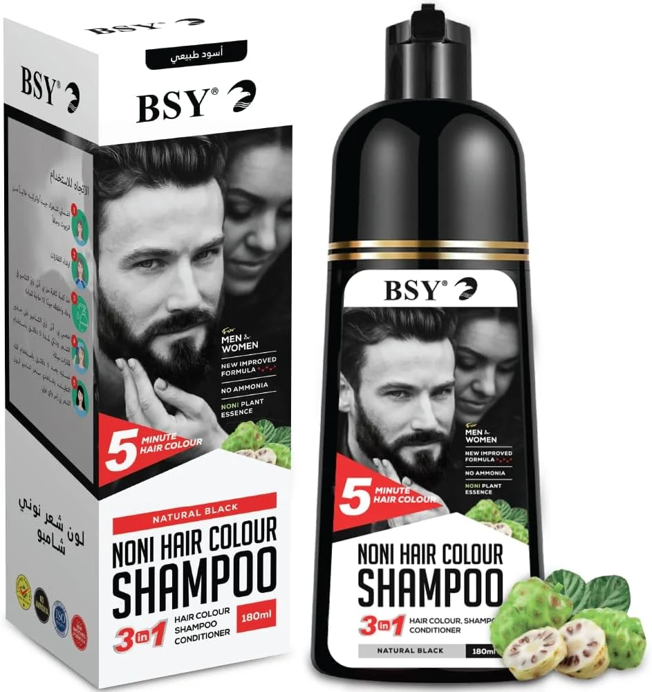 شامپو رنگ موی نونی BSY، مشکی طبیعی، 100% بدون آمونیاک، بدون ریزش مو، فقط در 5 دقیقه عمل می کند، اسانس گیاه نونی، 3 در 1 رنگ، شامپو و نرم کننده، 180 میلی لیتر