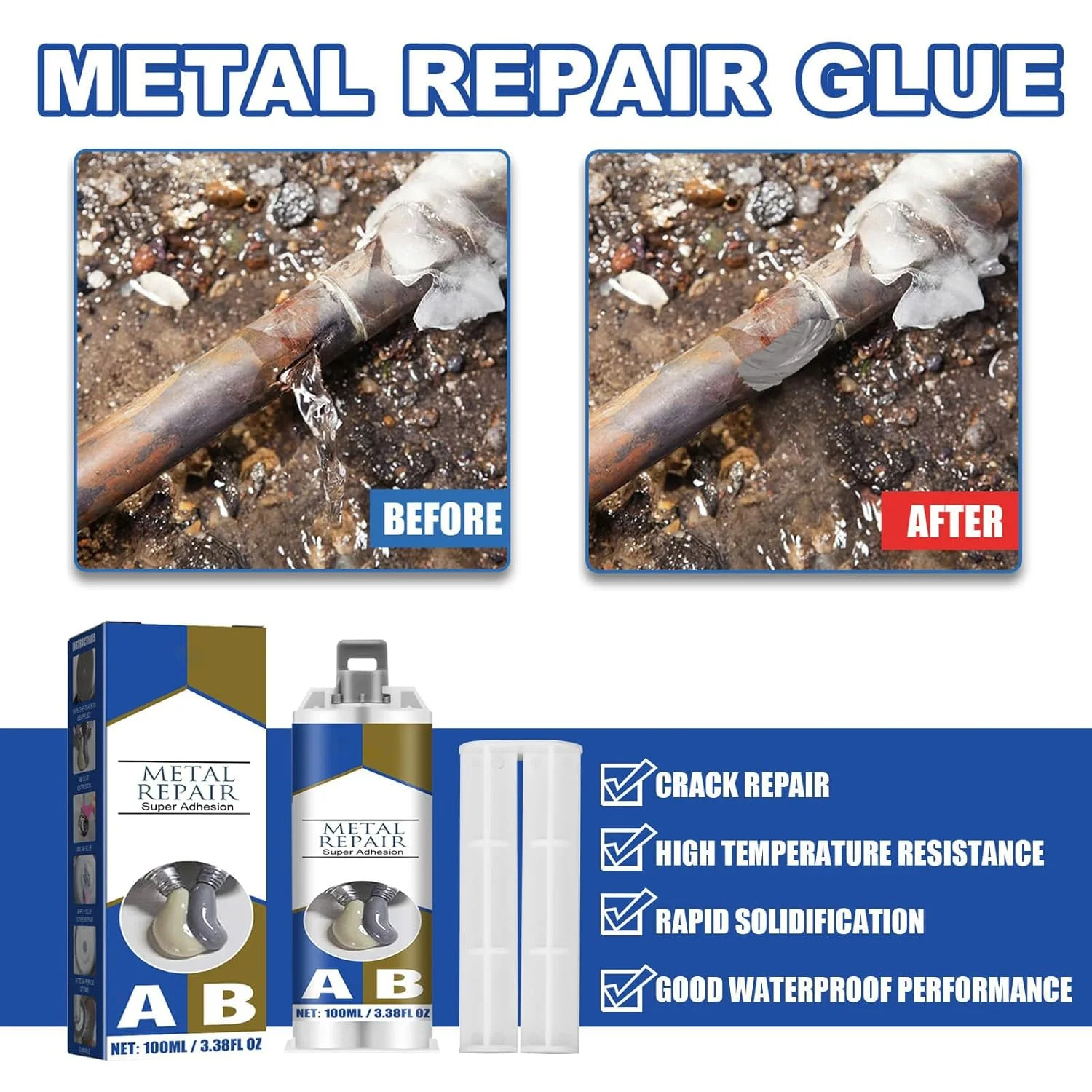 چسب فلزات قوی - چسب فوق العاده برای تعمیر فلزات، جوش سرد، چسب مقاوم در برابر حرارت بالا برای فلزات، سرامیک، شیشه، پلاستیک، قایق، خودرو (100 گرم)
