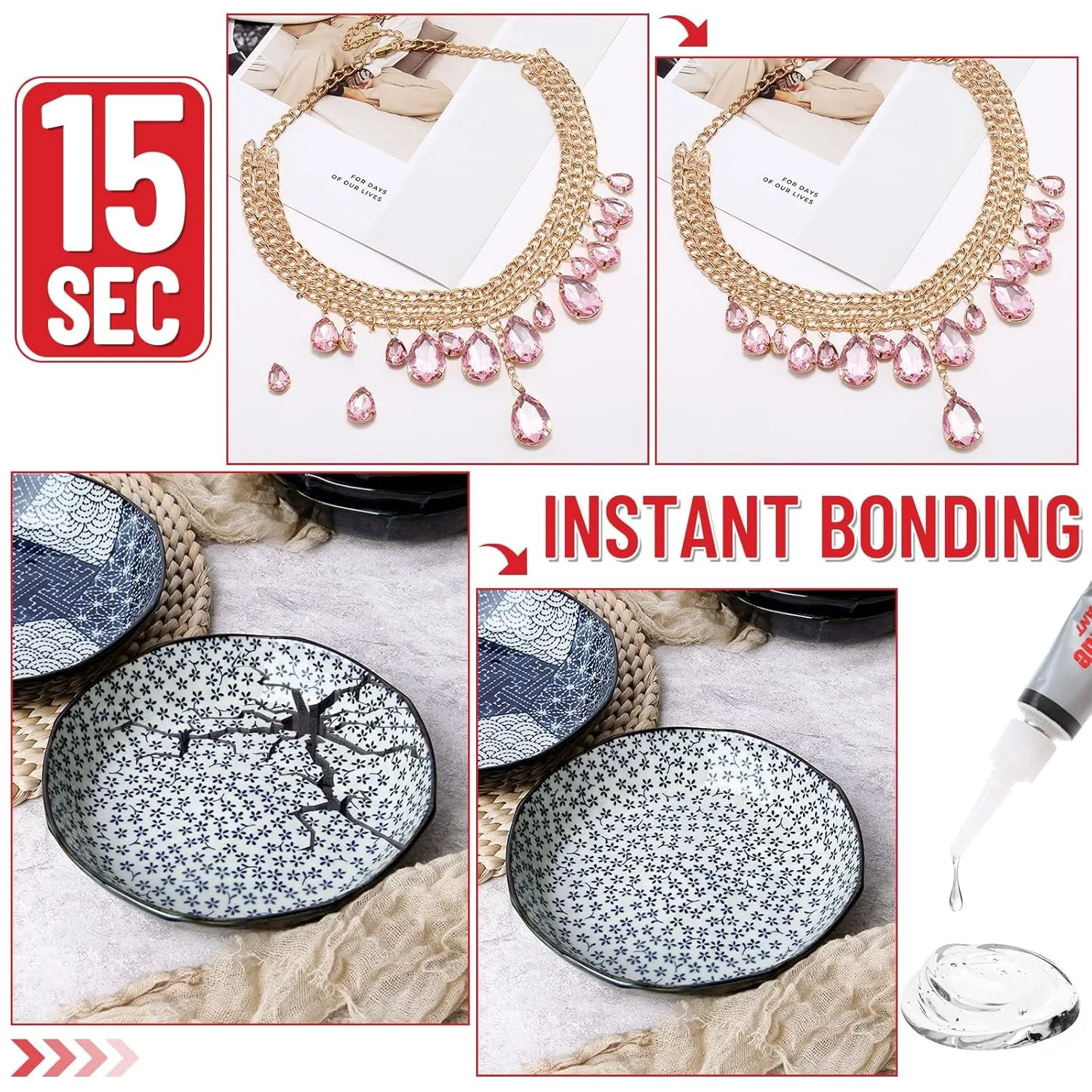 چسب قطره ای شفاف، بسته 24 عددی چسب فوق العاده قوی، ژل چسب قطره ای با خشک شدن سریع، چسب سیانوآکریلات فوری (CA) برای پلاستیک، چوب، فلز، سنگ، ساخت مهره های جواهرات، تعمیر تلفن، صنایع دستی سرامیکی، 3 گرم در هر تیوب