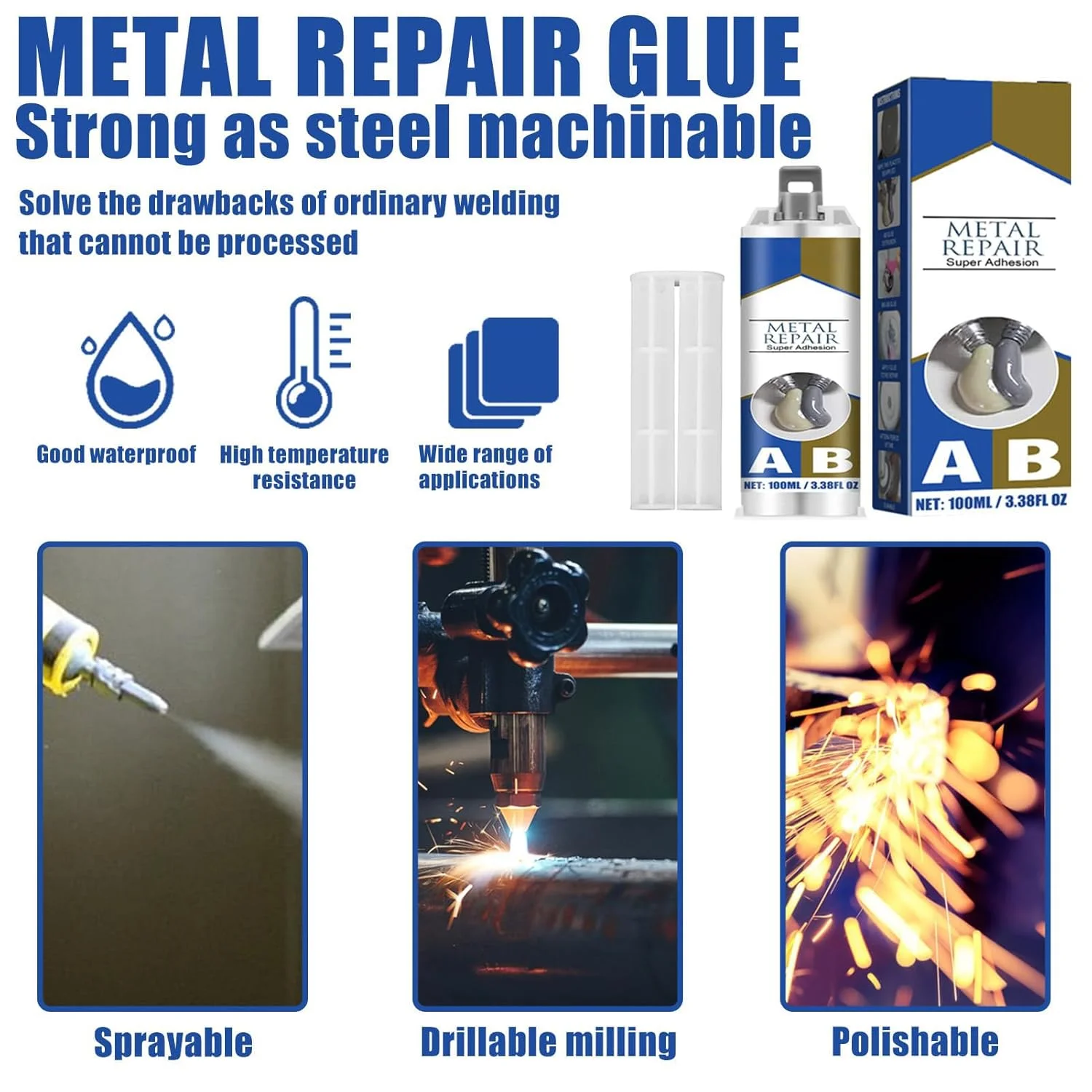 چسب فلزات قوی - چسب فوق العاده برای تعمیر فلزات، جوش سرد، چسب مقاوم در برابر حرارت بالا برای فلزات، سرامیک، شیشه، پلاستیک، قایق، خودرو (100 گرم)
