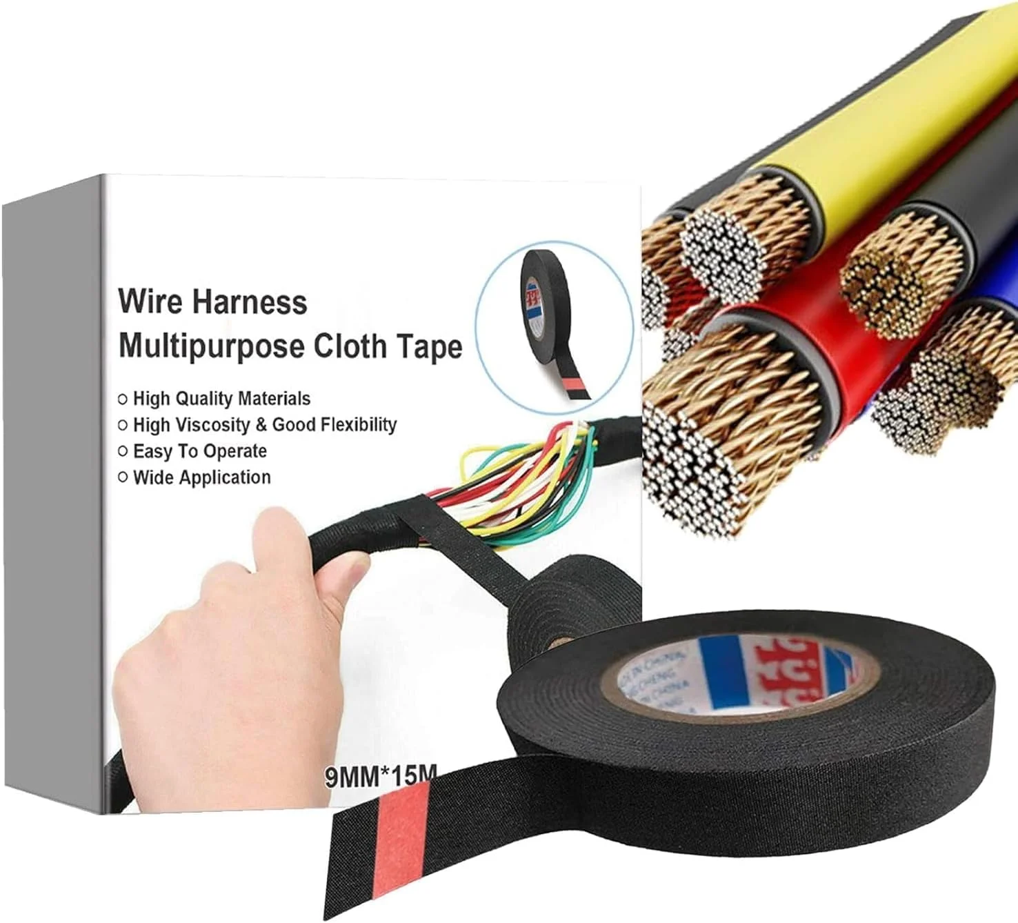 نوار سیم کشی فولادی آزونه برای خودروها، نوار پارچه ای مقاوم در برابر حرارت بالا، نوار پارچه ای سیم کشی خود چسب 15 متری مشکی برای سیم کشی برق، میرایی صدا، ضد حرارت