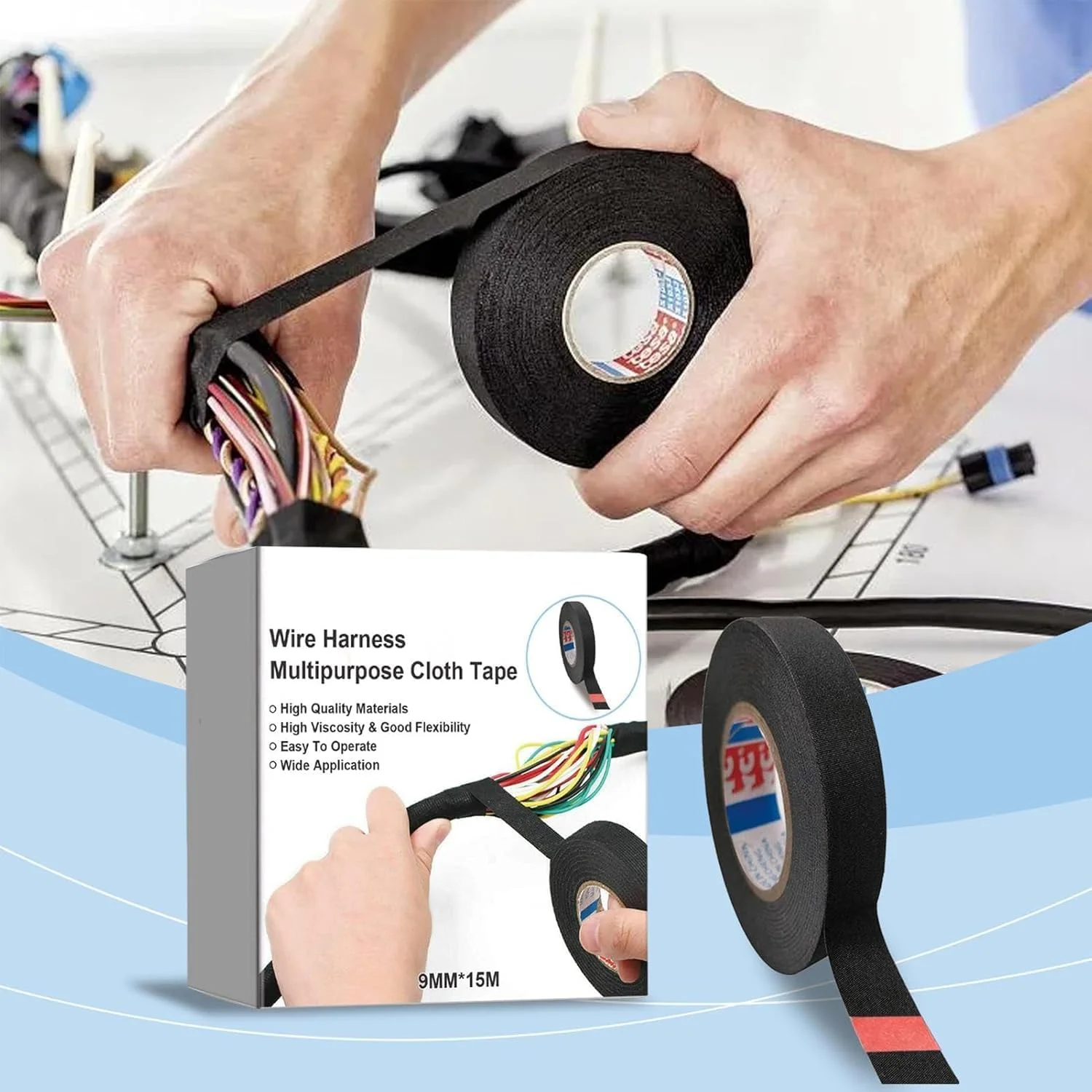 نوار سیم کشی فولادی آزونه برای خودروها، نوار پارچه ای مقاوم در برابر حرارت بالا، نوار پارچه ای سیم کشی خود چسب 15 متری مشکی برای سیم کشی برق، میرایی صدا، ضد حرارت نوار سیم کشی فولادی آزونه برای خودروها، نوار پارچه ای مقاوم در برابر حرارت بالا، نوار پارچه ای سیم کشی خود چسب 15 متری مشکی برای سیم کشی برق، میرایی صدا، ضد حرارت