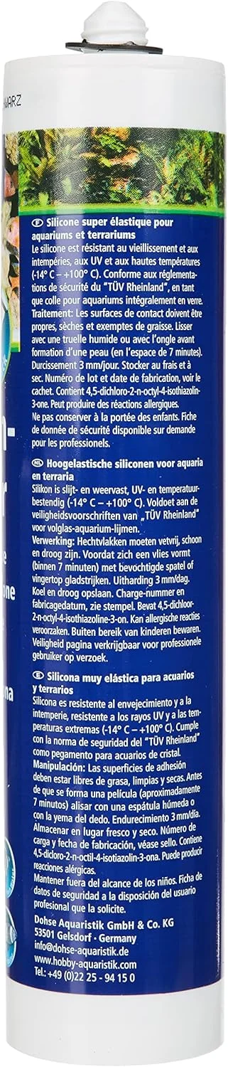 چسب سیلیکون آکواریوم HOBBY Aquaristik، کارتریج 310 میلی لیتری، سیلیکون بسیار الاستیک برای آکواریوم ها، سیلیکون مقاوم در برابر پیری و آب و هوا، چسب آکواریوم، مقاوم در برابر اشعه ماوراء بنفش و دما، مشکی