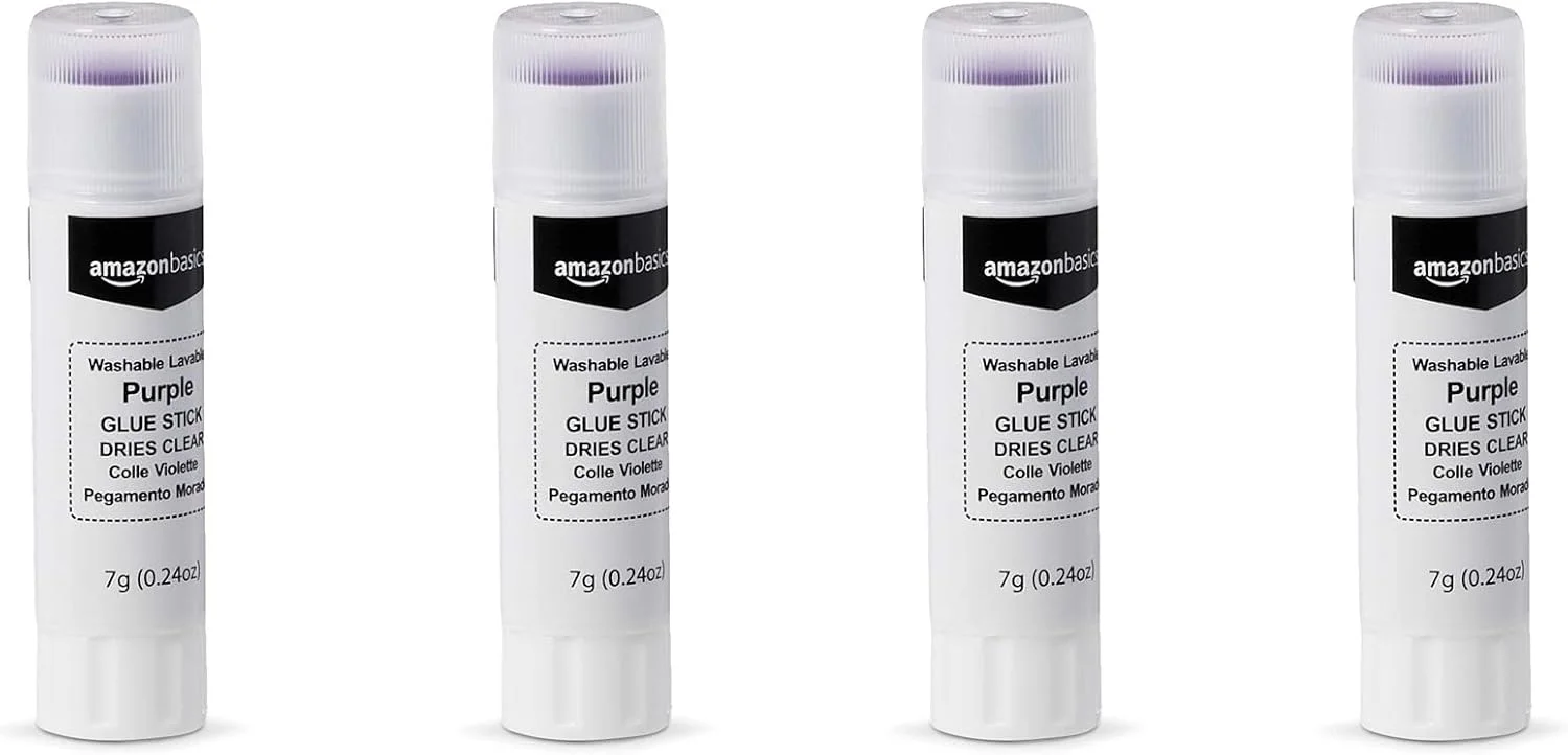چسب ماتیکی بنفش آمازون بیسیکس مخصوص مدرسه، خشک شدن شفاف، 6 میلی لیتر، بسته 4 عددی