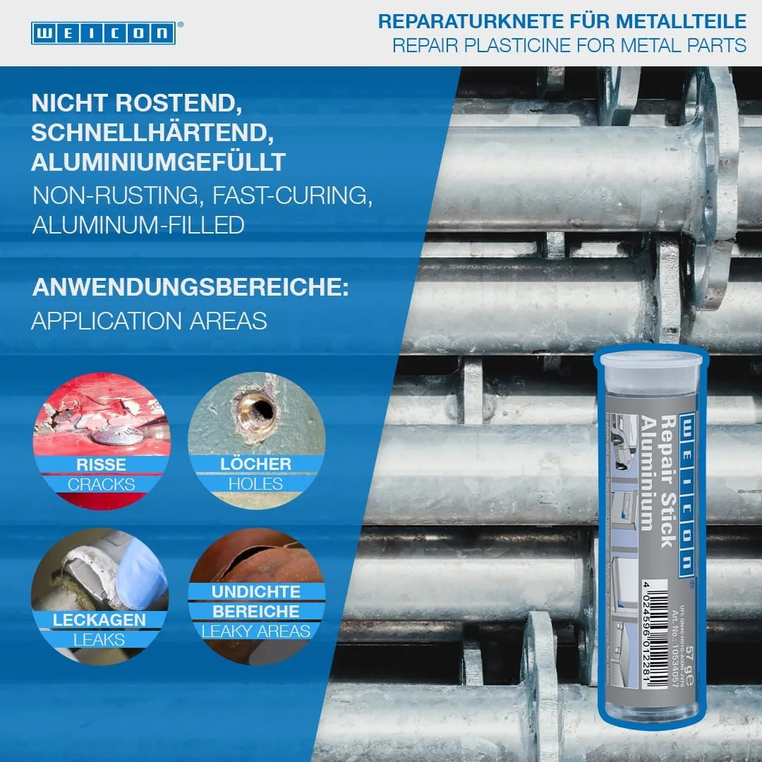 چسب تعمیراتی آلومینیوم Weicon | 115 گرم | رزین اپوکسی مخصوص دو جزئی برای تعمیرات سریع و بدون زنگ زدگی قطعات فلزی.