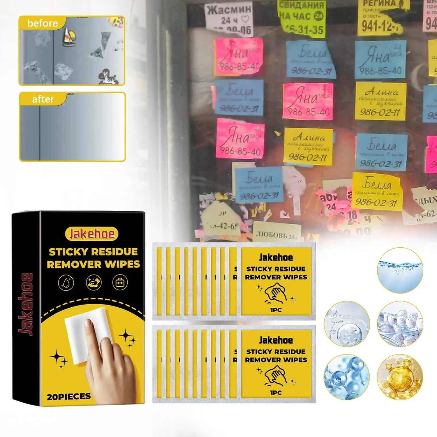 دستمال مرطوب پاک کننده چسب، 20 عدد - به طور ایمن بقایای چسب را پاک می کند، به سرعت برچسب ها، استیکرهای ماشین، مداد شمعی، صمغ درخت، آدامس، نوار چسب، ماژیک، چسب و برگردان ها را پاک می کند.