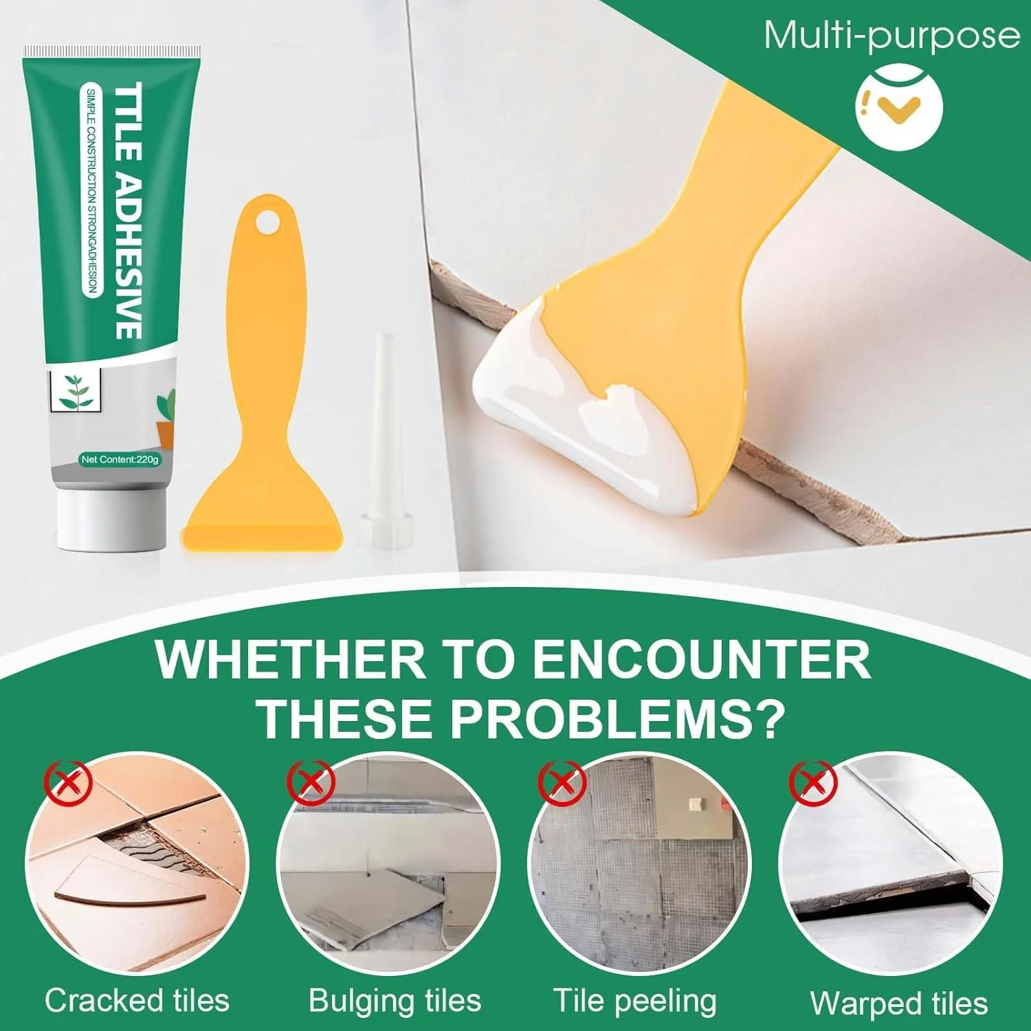 چسب کاشی، چسب کاشی با قدرت چسبندگی بالا، چسب ساختمانی سنگین با کاردک، چسب چند منظوره تعمیر سریع برای تعمیر کاشی، فلز، سرامیک، پلاستیک، چوب، ضد آب، 221 گرم