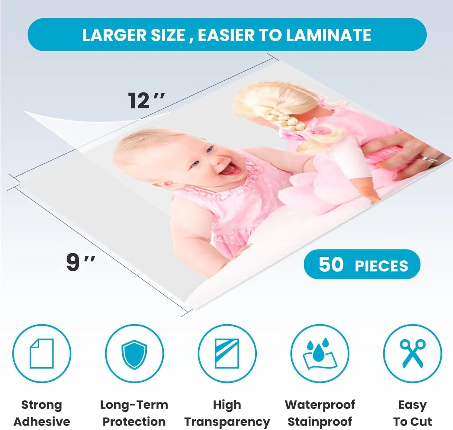 بسته 50 عددی ورق های لمینت خود چسب، ورق های شفاف، سایز نامه، ورق های لمینت حرارتی، خود مهر و موم شونده، 9 x 12 اینچ، بدون نیاز به دستگاه