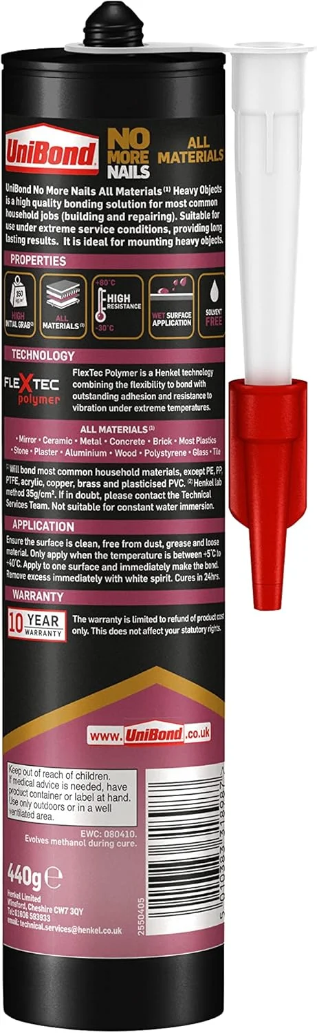 چسب ساختمانی UniBond 2492936 No More Nails مناسب برای تمام مواد و اجسام سنگین، چسبندگی قوی، سفید، کارتریج 440 گرمی