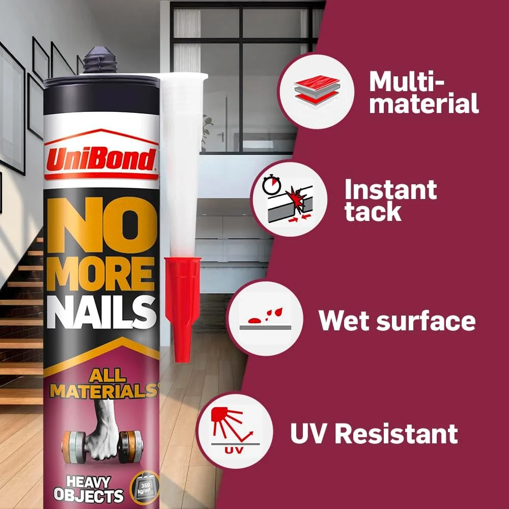 چسب ساختمانی UniBond 2492936 No More Nails مناسب برای تمام مواد و اجسام سنگین، چسبندگی قوی، سفید، کارتریج 440 گرمی