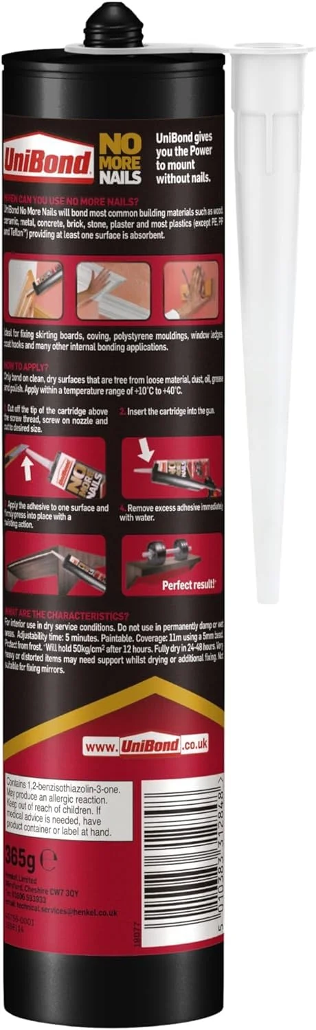 چسب مونتاژ قوی UniBond 1426052 No More Nails Original، چسب قوی برای چوب، سرامیک، فلز و موارد دیگر، چسب سفید با گیرایی فوری، 1 عدد کارتریج 365 گرمی