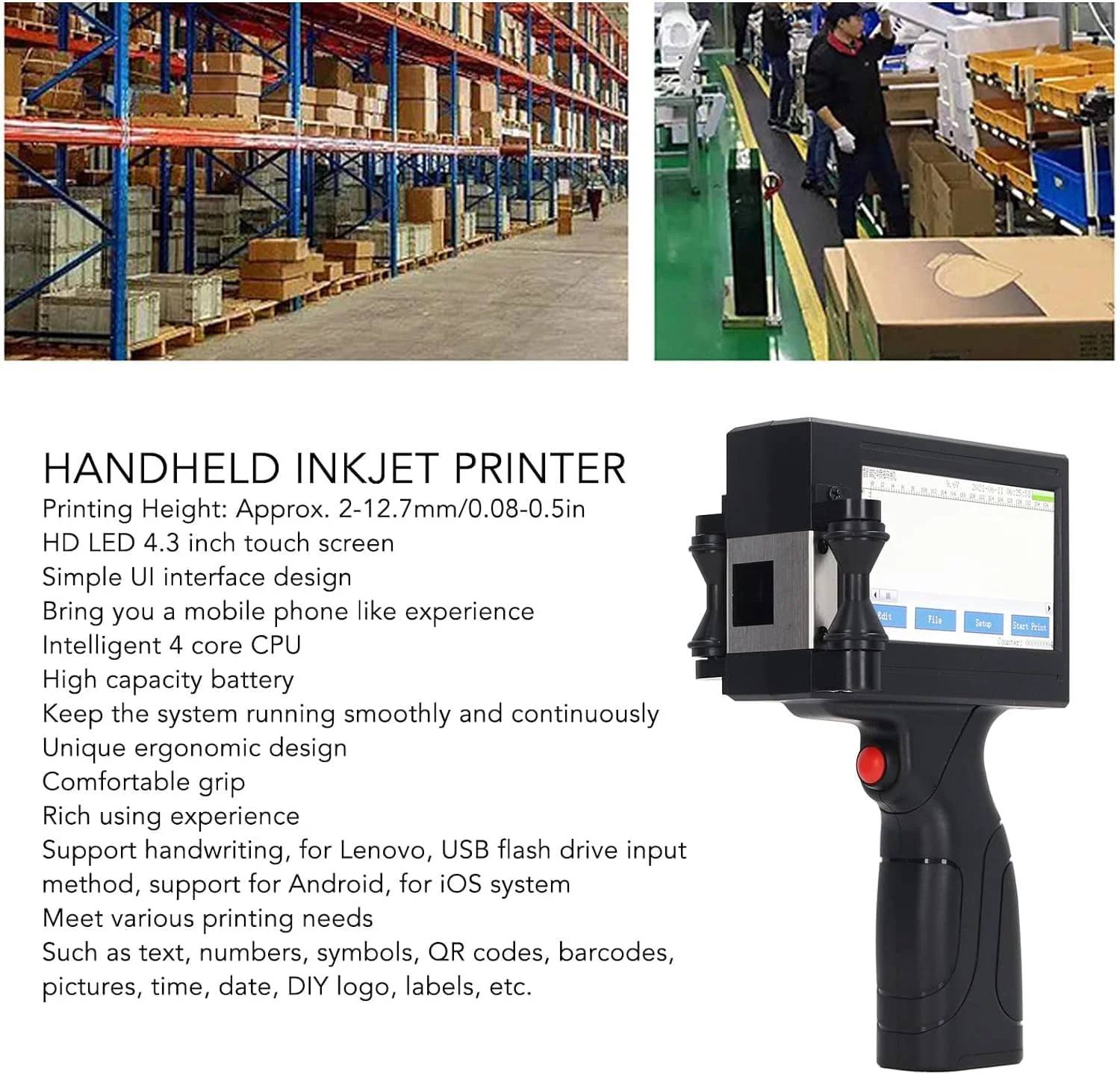 تفنگ پرینتر جوهرافشان دستی Forubar، پرینتر دستی با صفحه لمسی 4.5 اینچی، پرینتر لیبل خشک شونده سریع برای چاپ تاریخ تولید، شماره بچ و کد QR تفنگ پرینتر جوهرافشان دستی Forubar، پرینتر دستی با صفحه لمسی 4.5 اینچی، پرینتر لیبل خشک شونده سریع برای چاپ تاریخ تولید، شماره بچ و کد QR