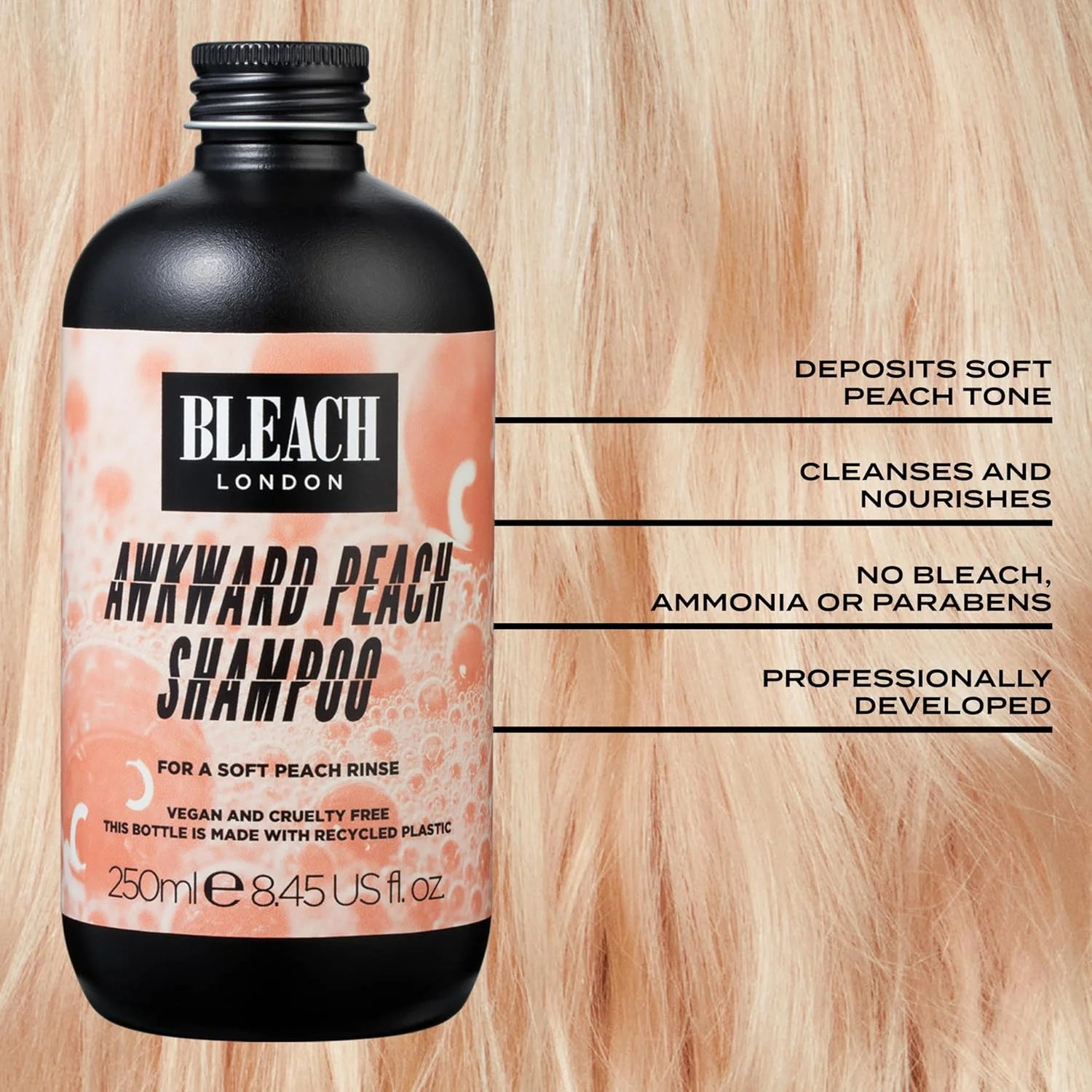 شامپو هلویی نامناسب Bleach London - فرمول تونینگ هلویی، برای موهای دکلره شده، رنگ دهنده، تقویت کننده بلوند گرم - بدون پارابن - (250 میلی لیتر) شامپو هلویی نامناسب Bleach London - فرمول تونینگ هلویی، برای موهای دکلره شده، رنگ دهنده، تقویت کننده بلوند گرم - بدون پارابن - (250 میلی لیتر)