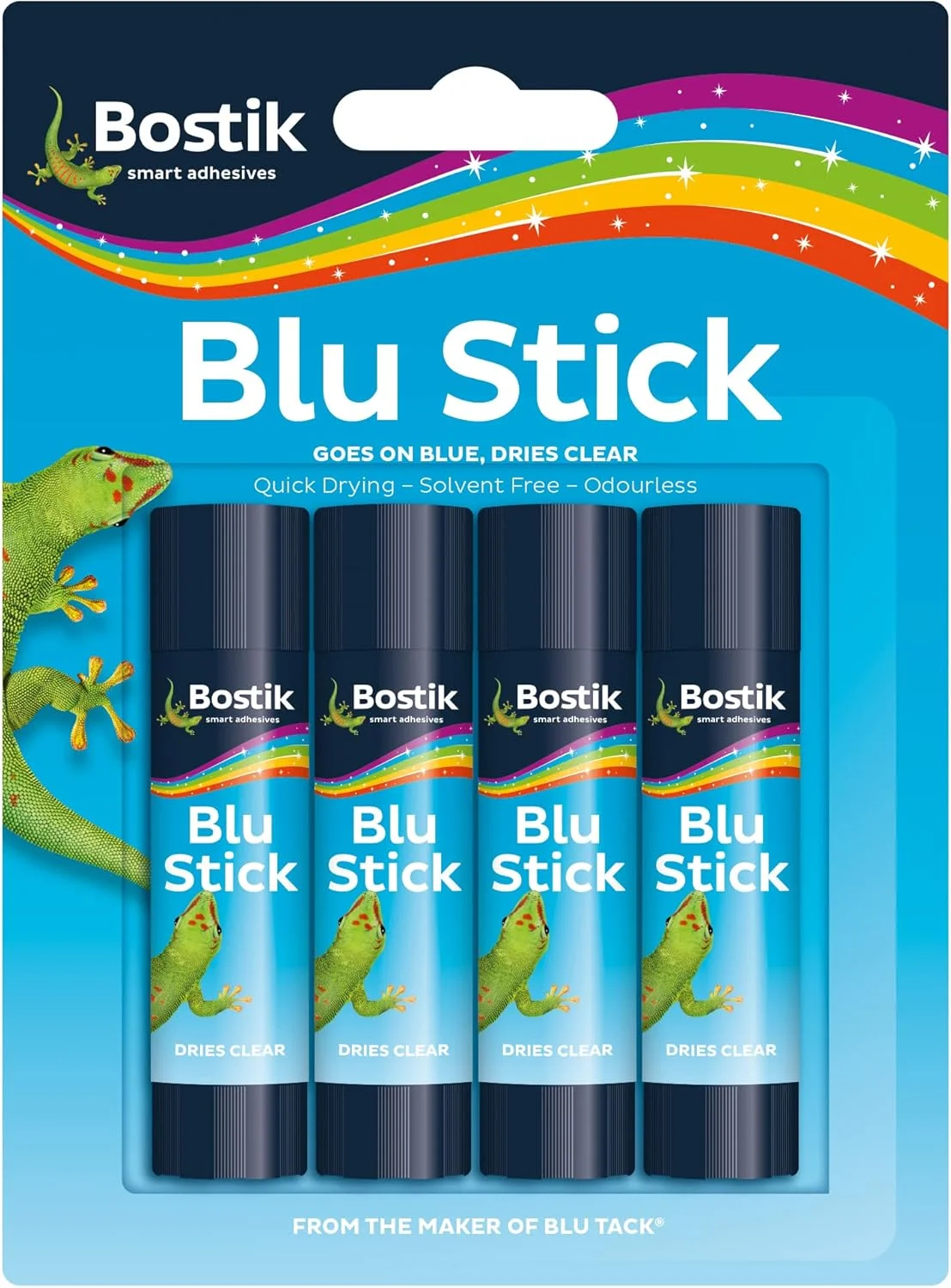 چسب ماتیکی آبی Bostik، آبی رنگ، خشک شدن شفاف، بدون حلال، قابل شستشو، 4 عدد ماتیک 8 گرمی