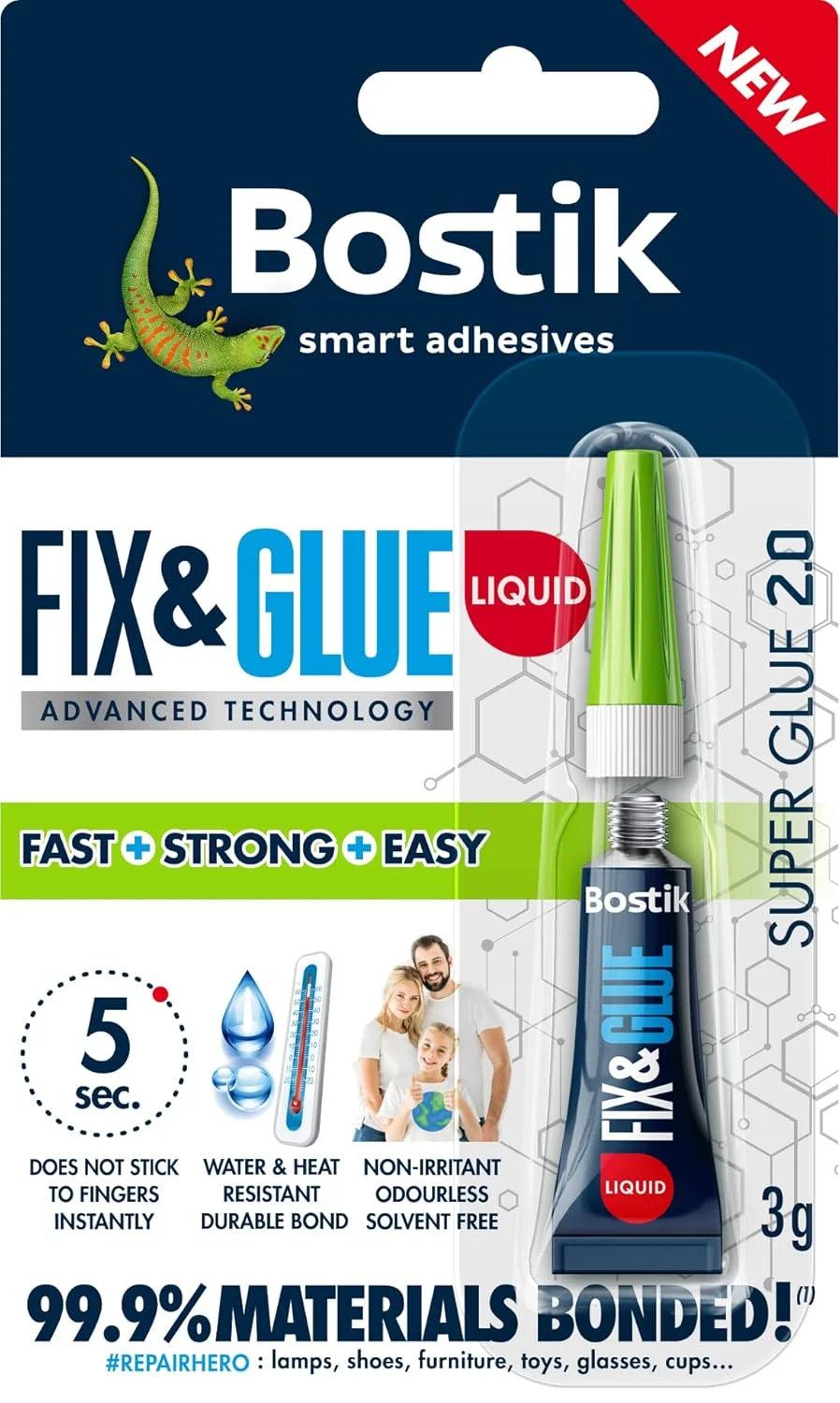 چسب فوق العاده قوی و سریع Bostik Fix & Glue، اتصال 99.9% مواد، بدون حلال، تیوب 3 گرمی (3 گرم، مایع)