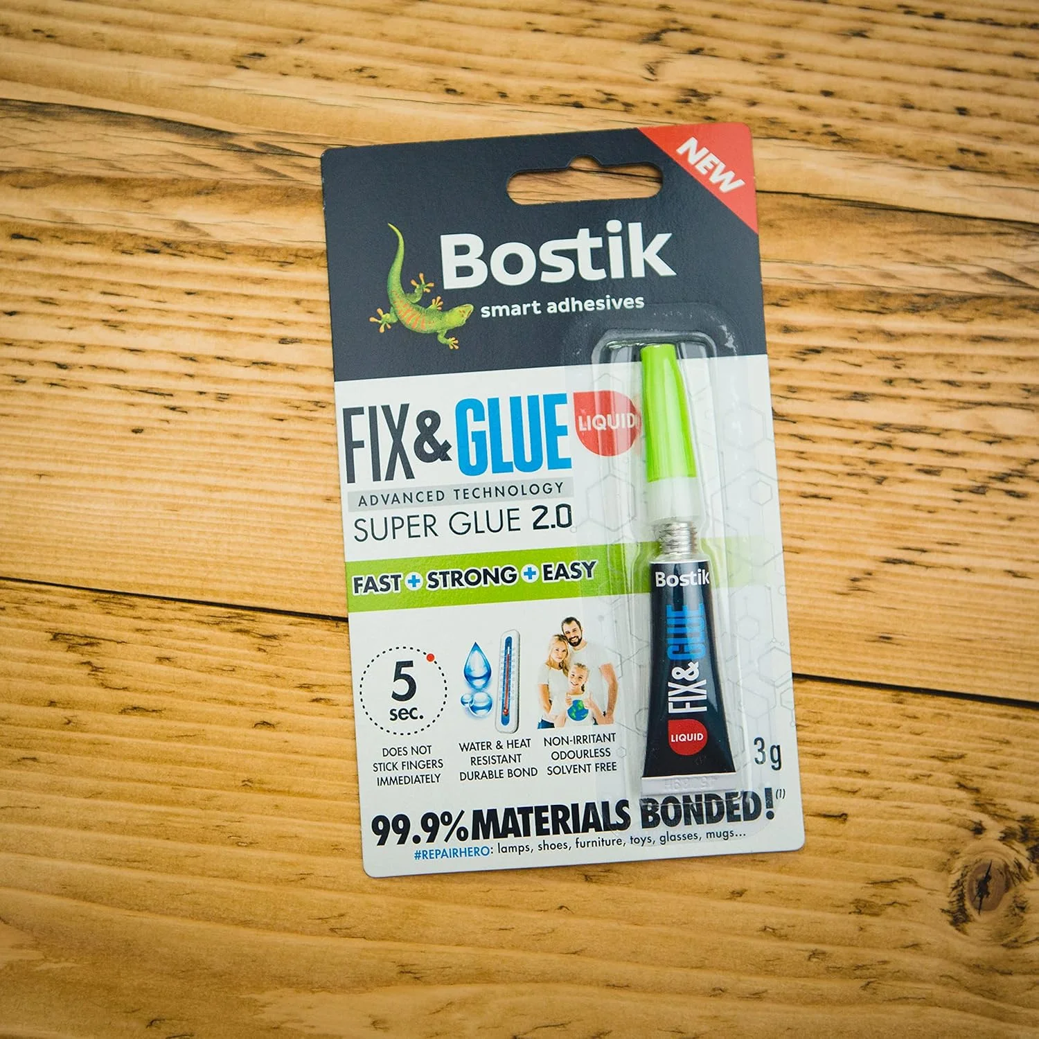 چسب فوق العاده قوی و سریع Bostik Fix & Glue، اتصال 99.9% مواد، بدون حلال، تیوب 3 گرمی (3 گرم، مایع)
