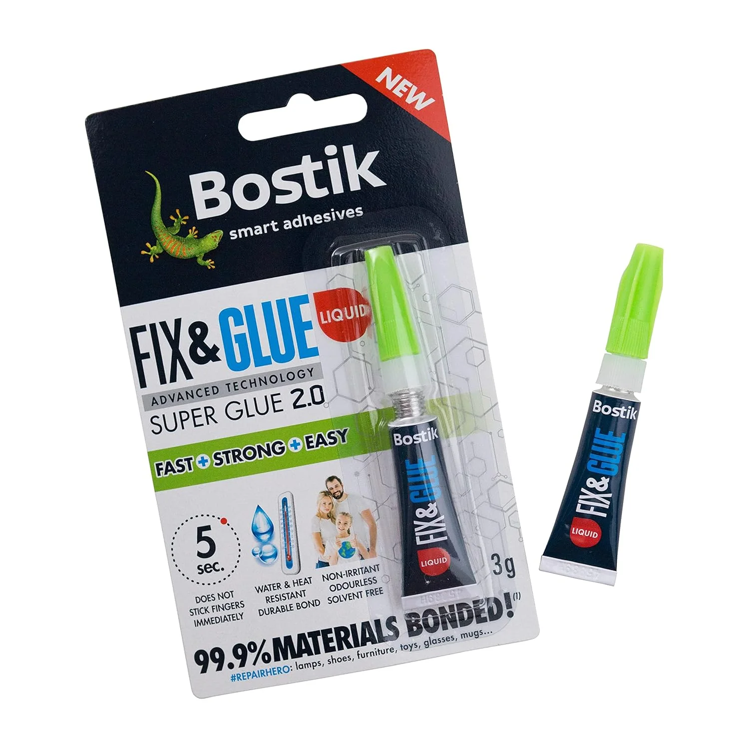 چسب فوق العاده قوی و سریع Bostik Fix & Glue، اتصال 99.9% مواد، بدون حلال، تیوب 3 گرمی (3 گرم، مایع)