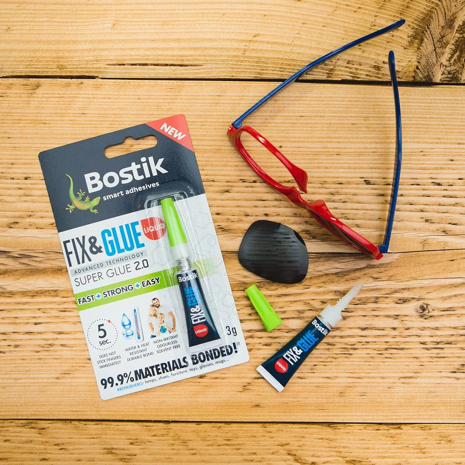 چسب فوق العاده قوی و سریع Bostik Fix & Glue، اتصال 99.9% مواد، بدون حلال، تیوب 3 گرمی (3 گرم، مایع)