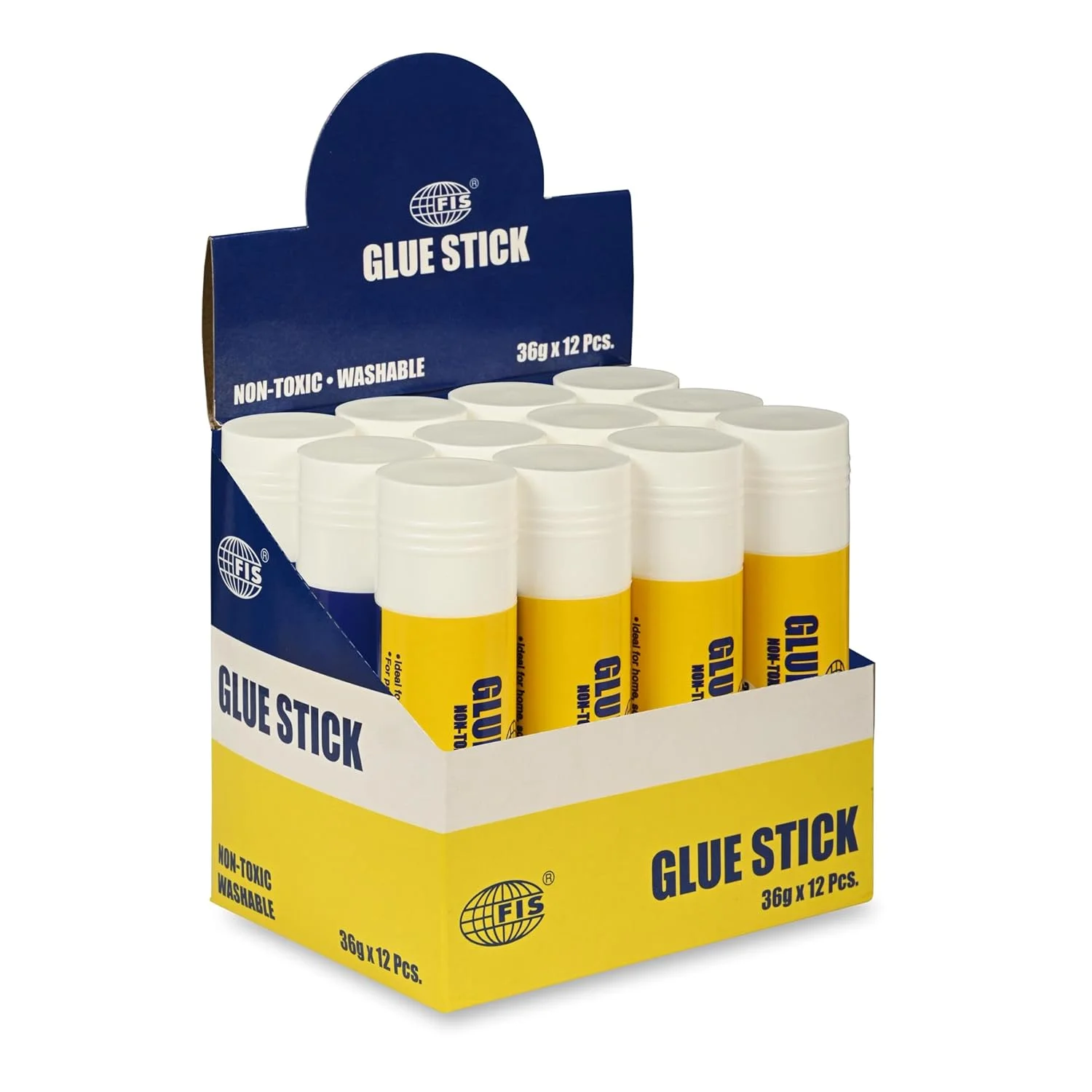 چسب ماتیکی سفید FIS (PVP)، سایز 112x30 میلی‌متر، 36 گرم، غیر سمی و قابل شستشو، جعبه 12 عددی، ایده‌آل برای استفاده در مدرسه، خانه و اداره - FSGLHA36CG