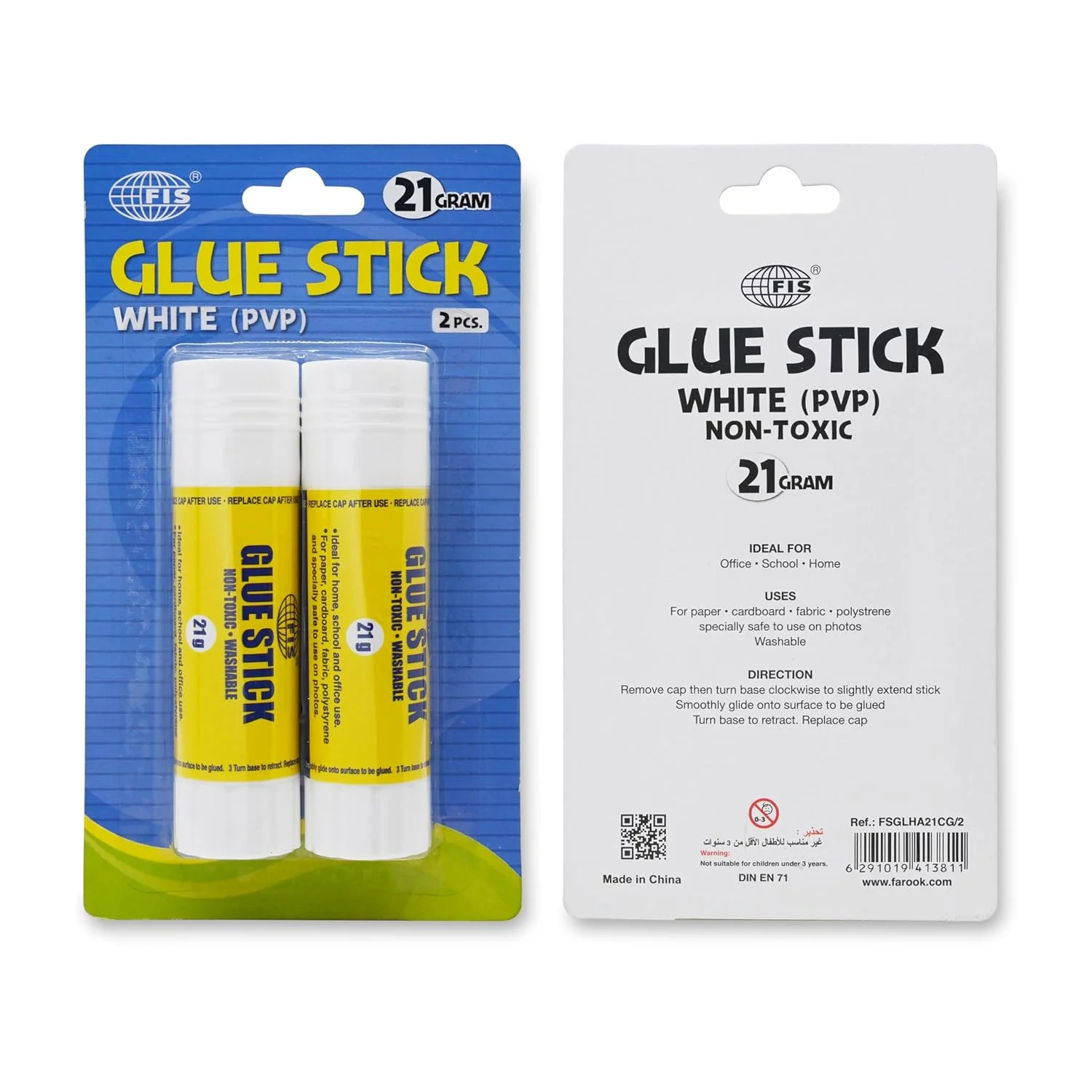 چسب ماتیکی سفید FIS (PVP)، اندازه 98x26 میلی‌متر، 21 گرم، غیر سمی و قابل شستشو، مجموعه 2 عددی، بسته‌بندی بلیستر، ایده‌آل برای استفاده در مدرسه، خانه و اداره - FSGLHA21CG/2